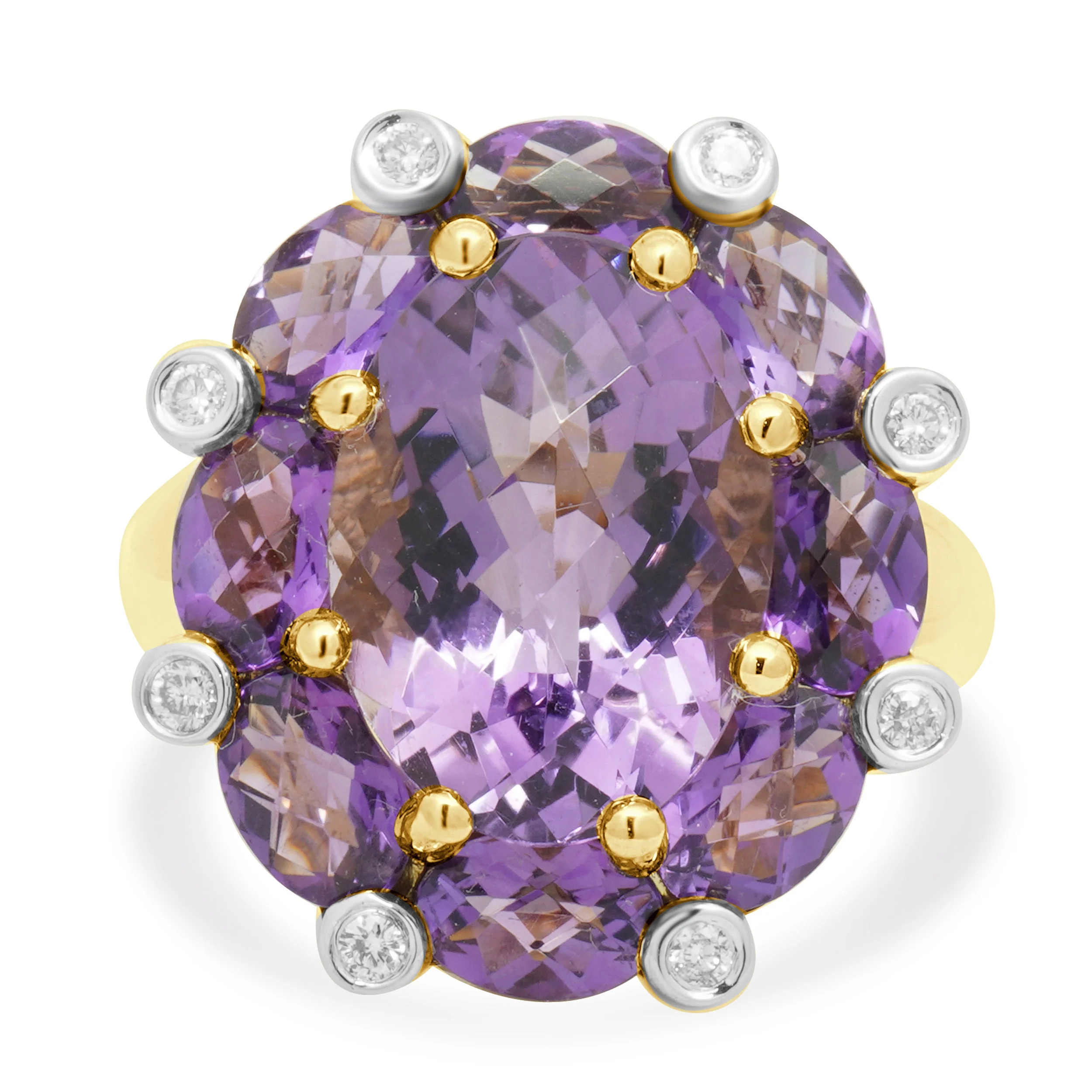 14K Yellow Gold Oval Checkerboard Cut Amethyst and Round Diamond Ring