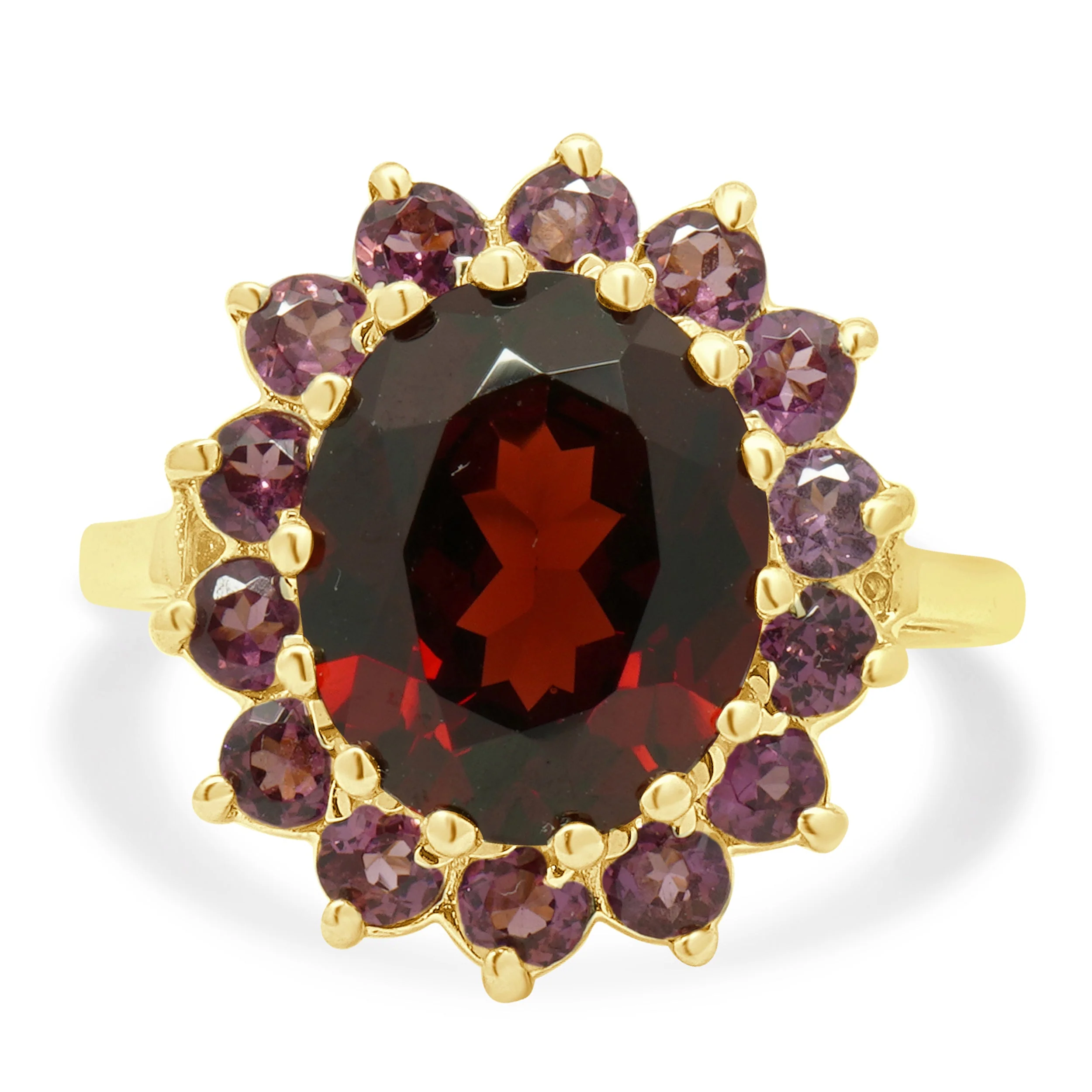 14K Yellow Gold Oval Cut Garnet and Round Pink Tourmaline Halo Ring