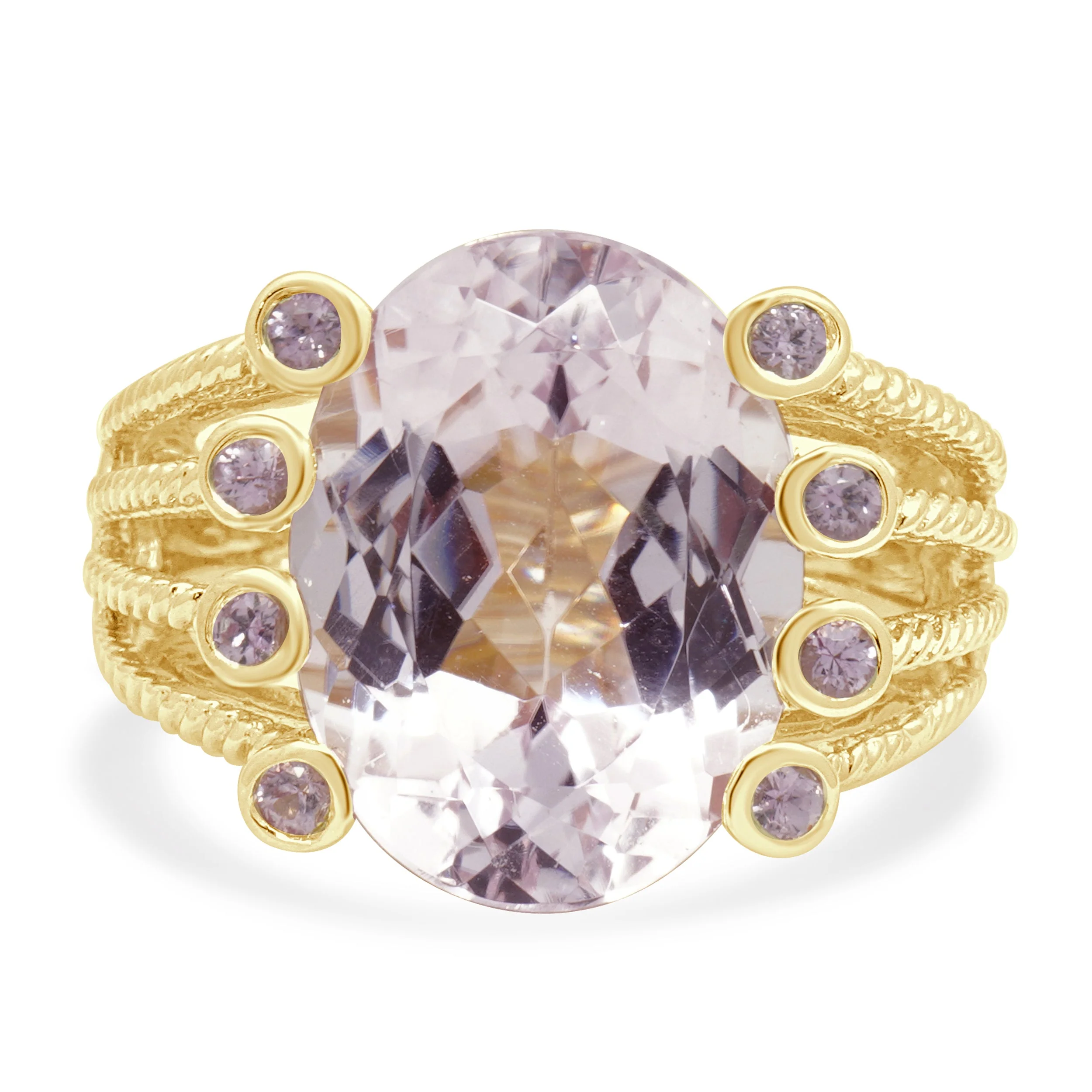 14K Yellow Gold Oval Kunzite and Round Pink Sapphire Split Shank Ring