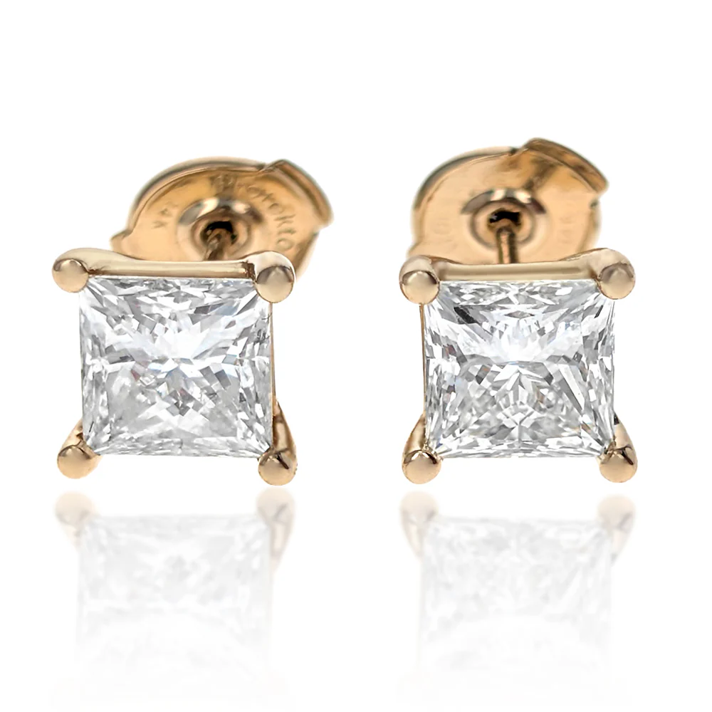 14K Yellow Gold Princess Cut Diamond Stud Earrings