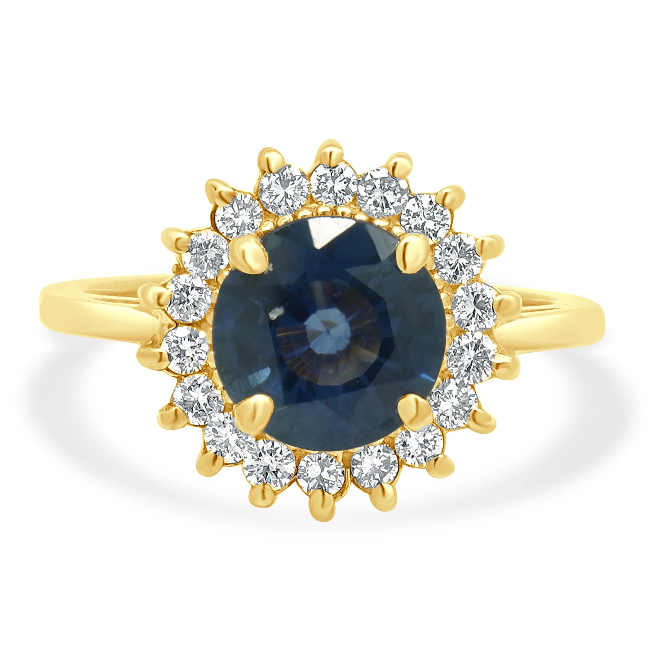 14K Yellow Gold Round Blue Sapphire and Round Diamond Halo Ring