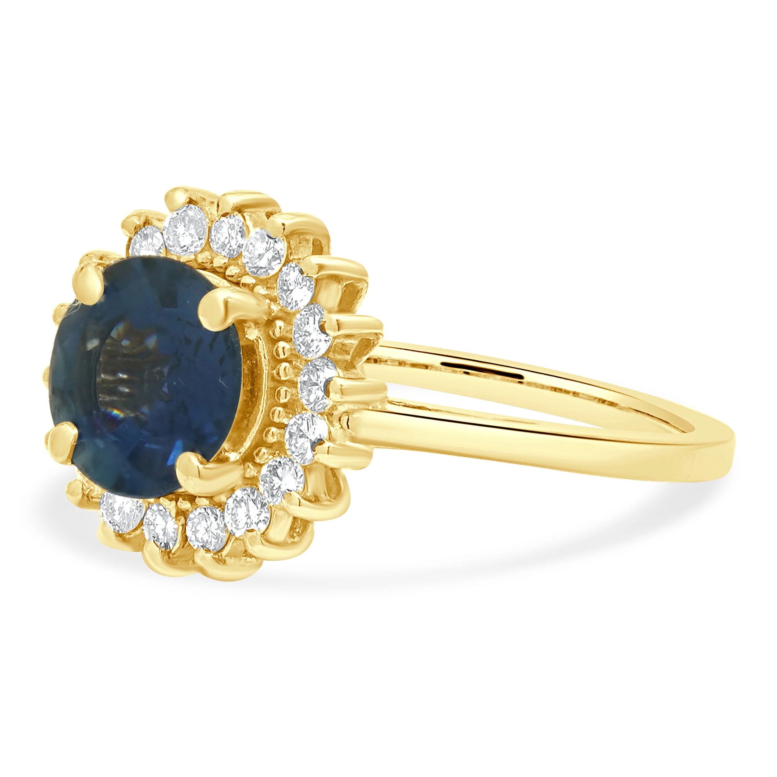14K Yellow Gold Round Blue Sapphire and Round Diamond Halo Ring - Image 4