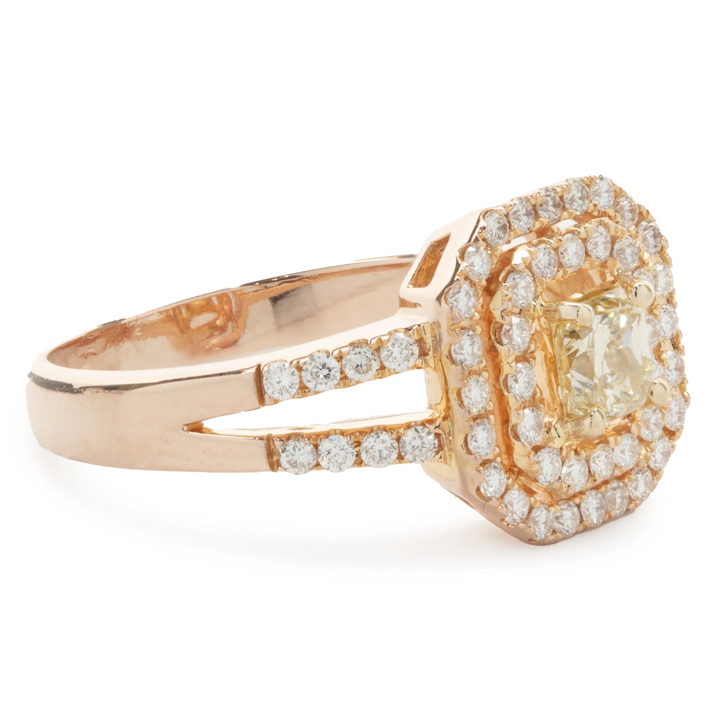 18 Karat Rose Gold Fancy Yellow and White Diamond Engagement Ring - Image 2