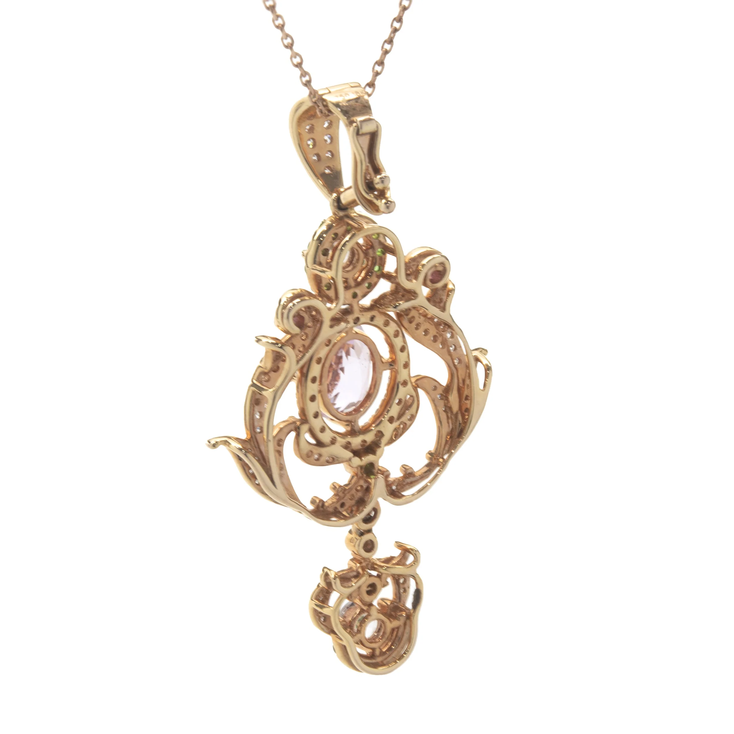 18 Karat Rose Gold Kunzite, Diamond, and Tsavorite Drop Pendant - Image 3