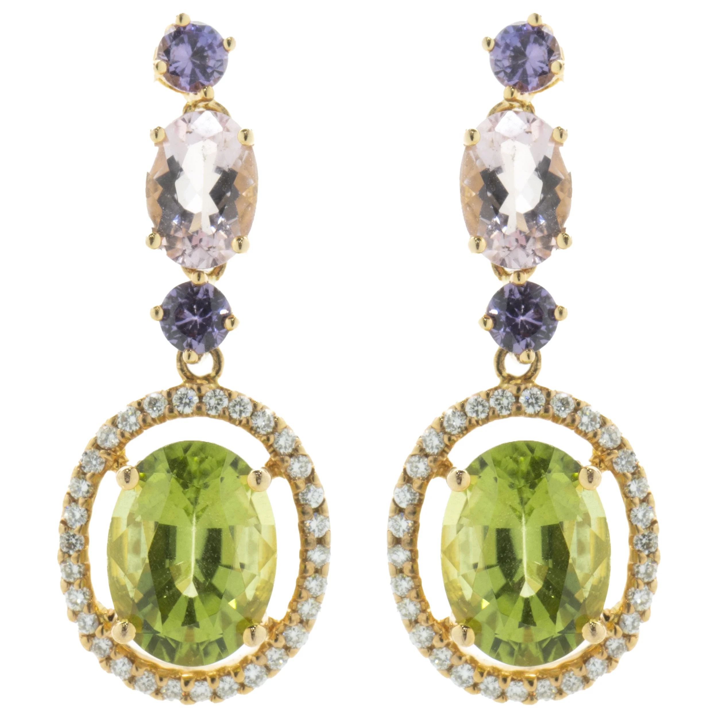 18 Karat Rose Gold Peridot, Morganite, Purple Sapphire, and Diamond Oval Drop Earrings