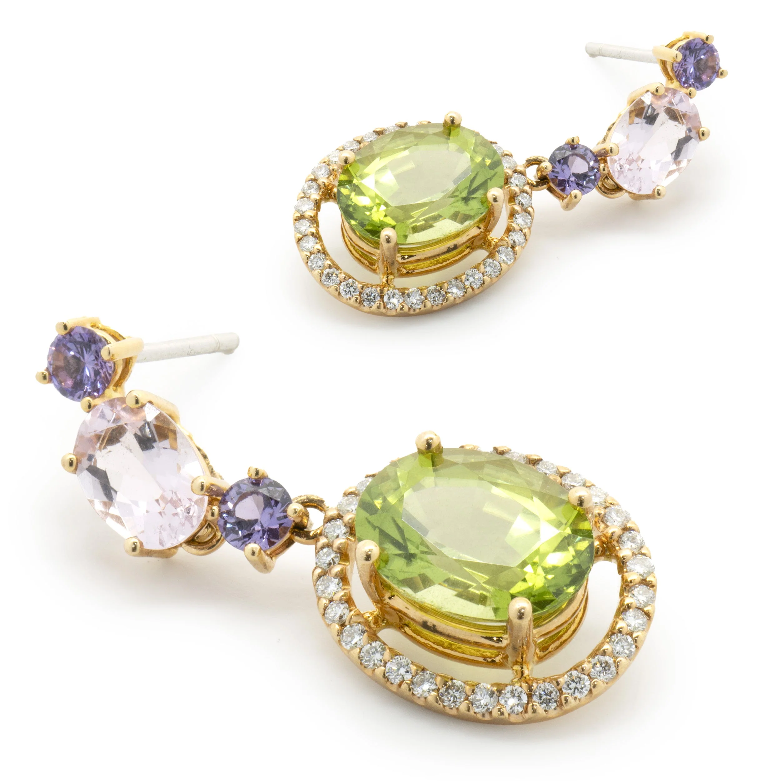 18 Karat Rose Gold Peridot, Morganite, Purple Sapphire, and Diamond Oval Drop Earrings - Image 3