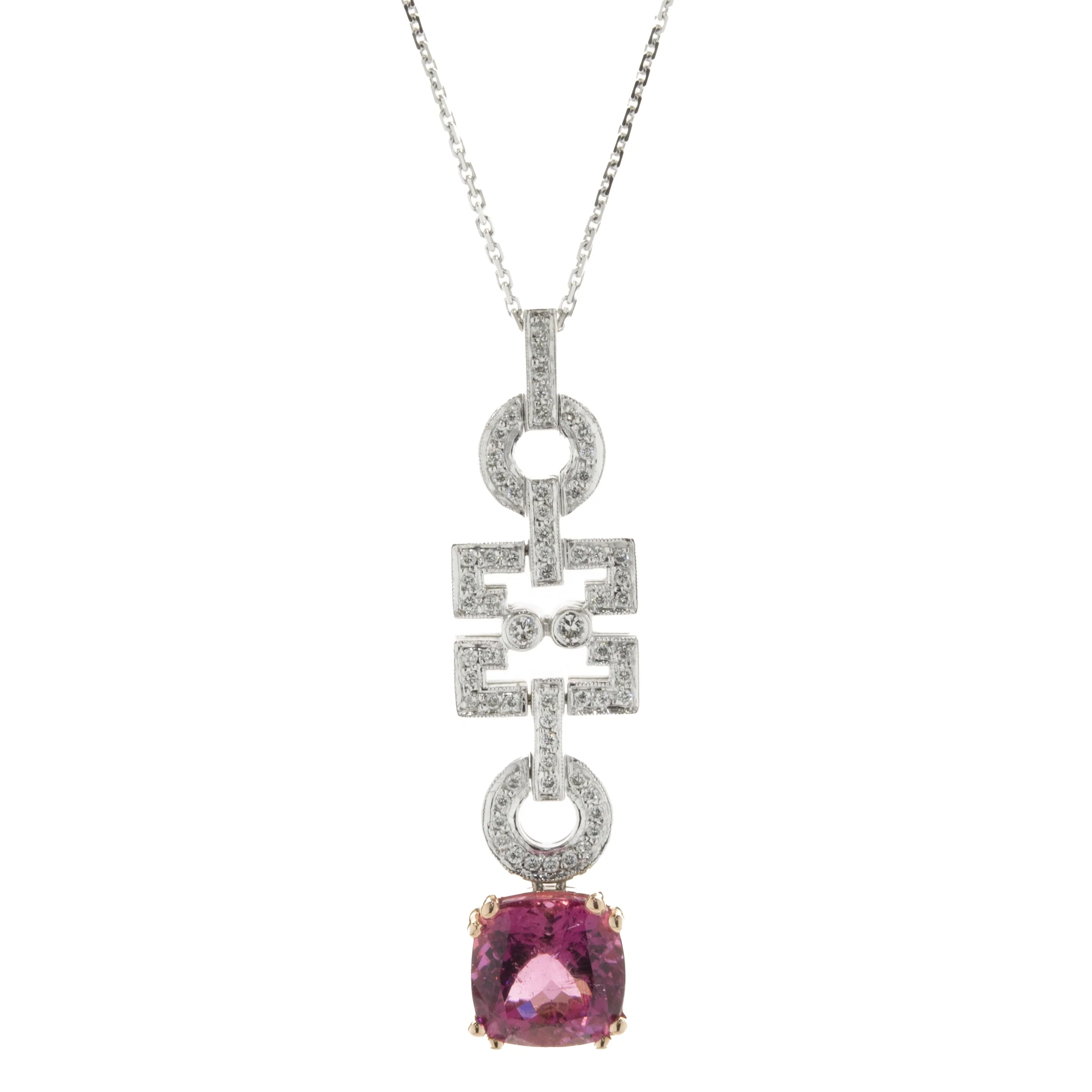 18 Karat White and Rose Gold Pink Tourmaline and Diamond Geometric Drop Necklace