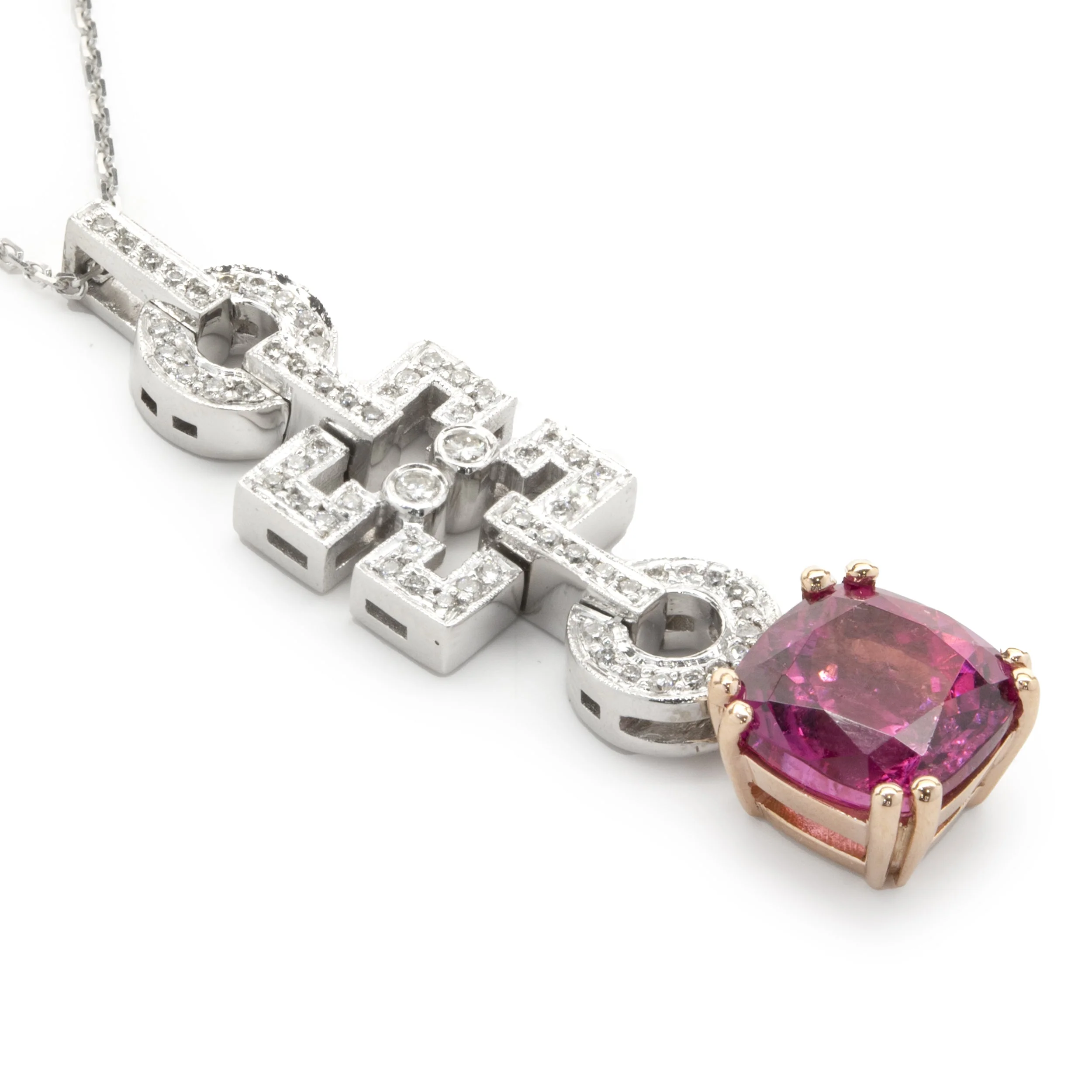 18 Karat White and Rose Gold Pink Tourmaline and Diamond Geometric Drop Necklace - Image 3