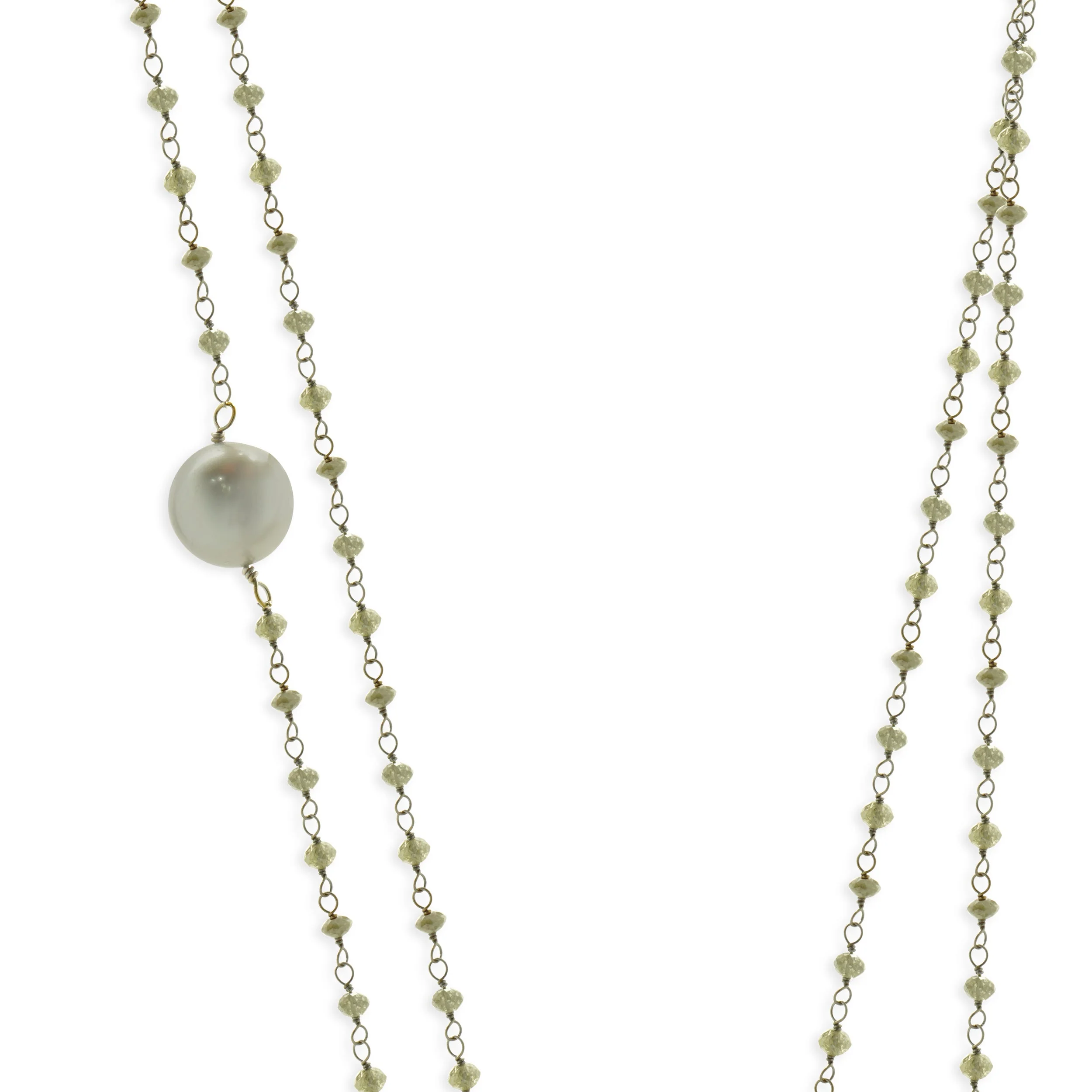18 Karat White Gold Briolette Cut Diamonds, Black Diamonds, and Tahitian Pearl Station Necklace - Image 4