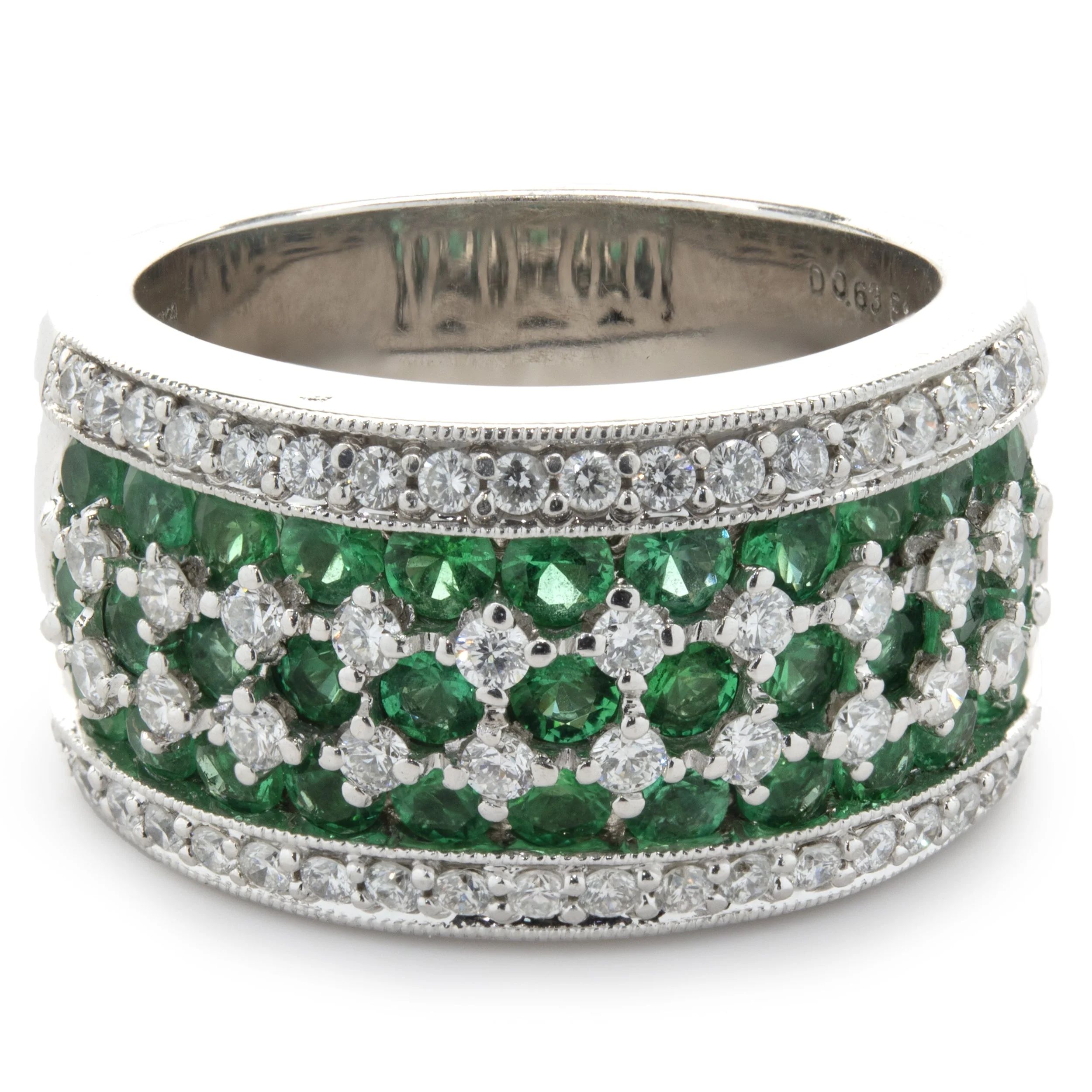 18 Karat White Gold Diamond and Emerald Seven Row Band