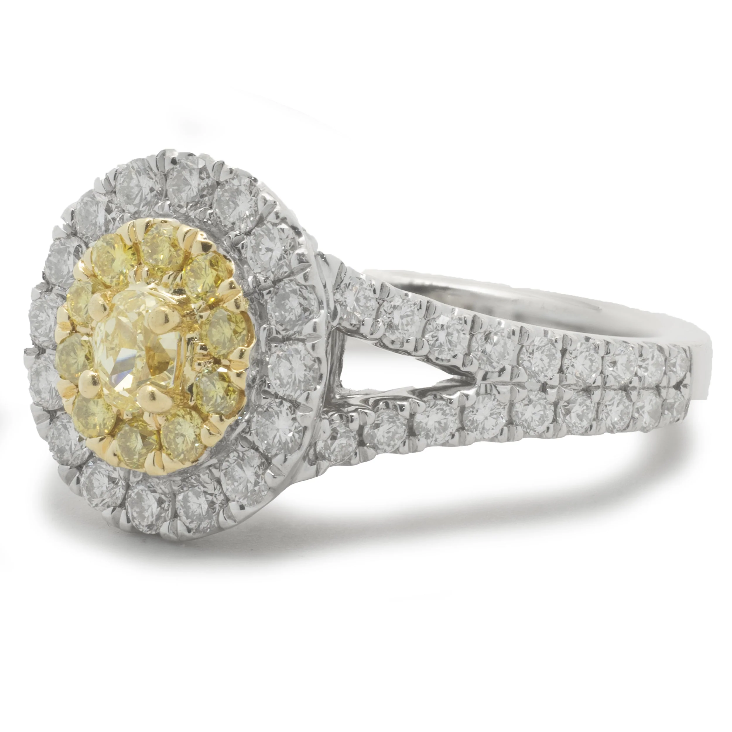 18 Karat White Gold Fancy Yellow and White Diamond Cluster Engagement Ring - Image 3