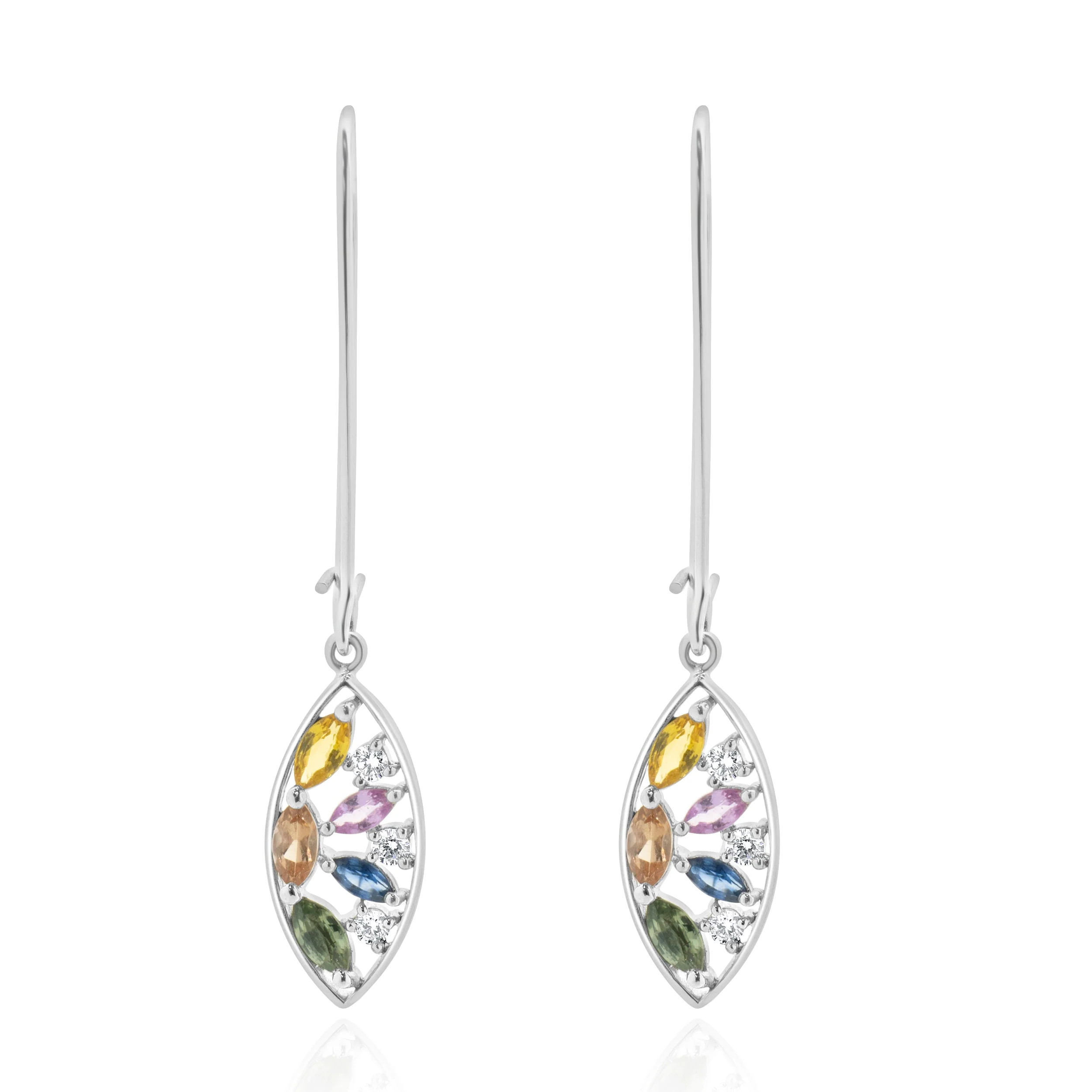 18 Karat White Gold Multi Colored Sapphire and Diamond Cutout Leaf Drop Earrings