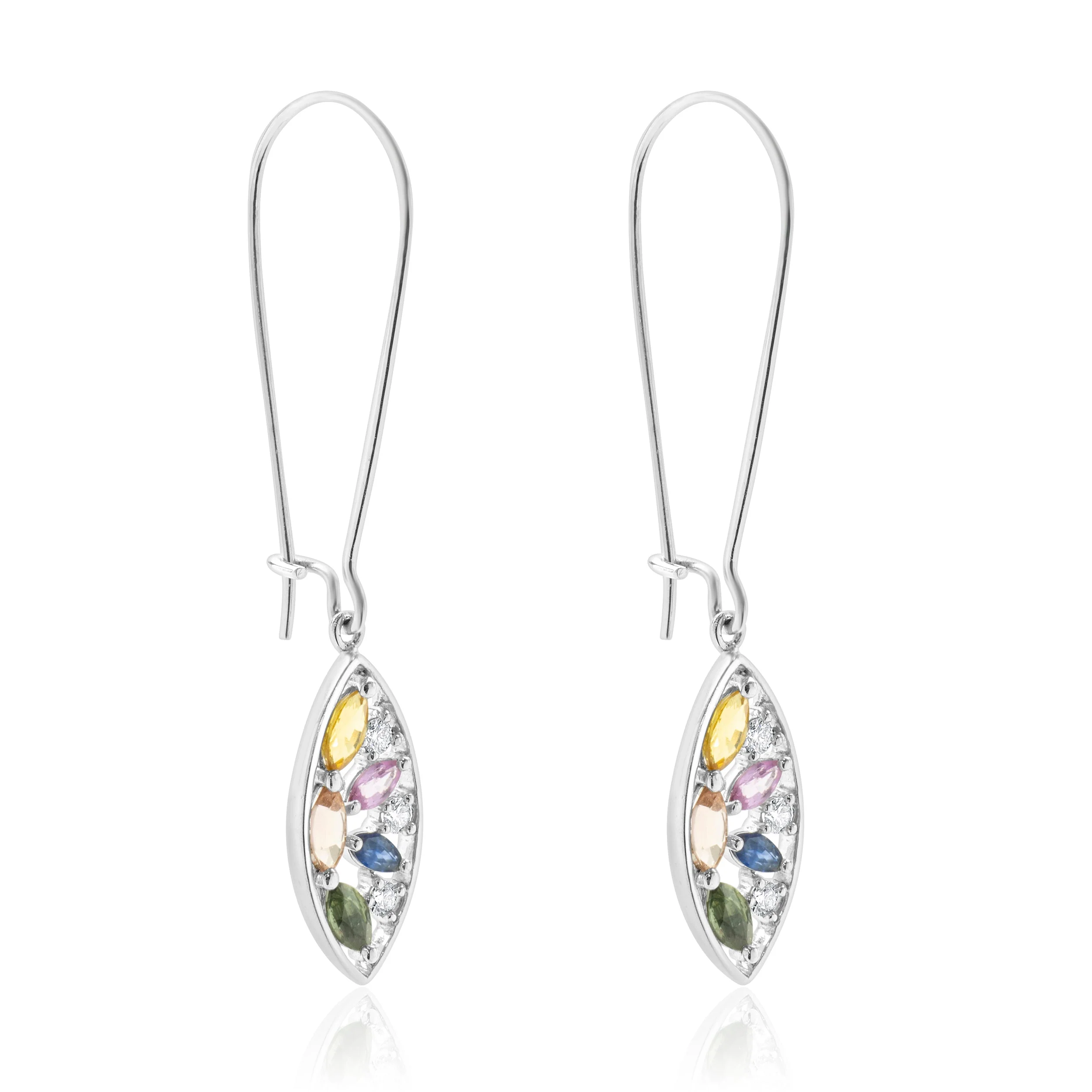18 Karat White Gold Multi Colored Sapphire and Diamond Cutout Leaf Drop Earrings - Image 3
