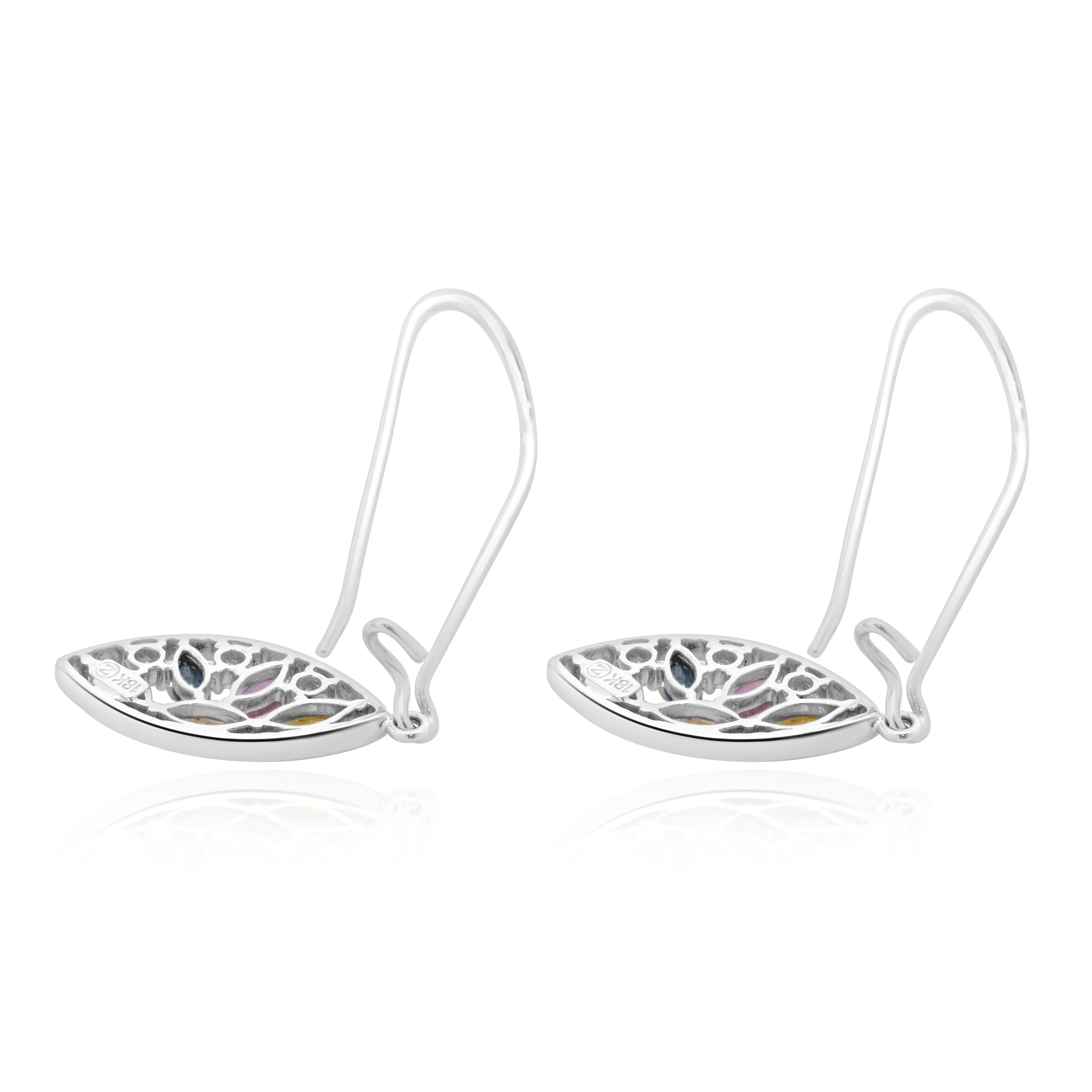 18 Karat White Gold Multi Colored Sapphire and Diamond Cutout Leaf Drop Earrings - Image 4