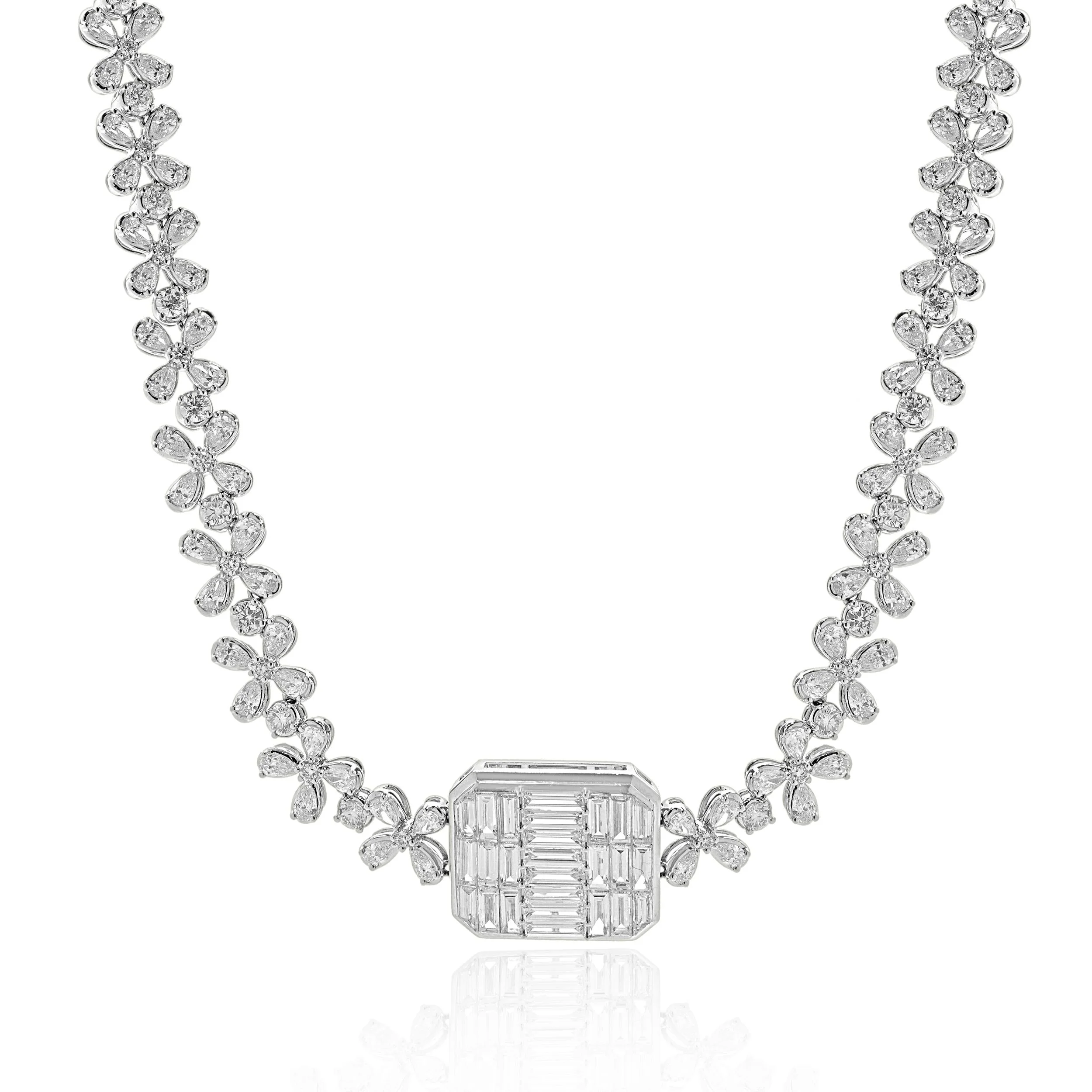 18 Karat White Gold Multi Shape Diamond Floral Necklace with Mosaic Centerpiece