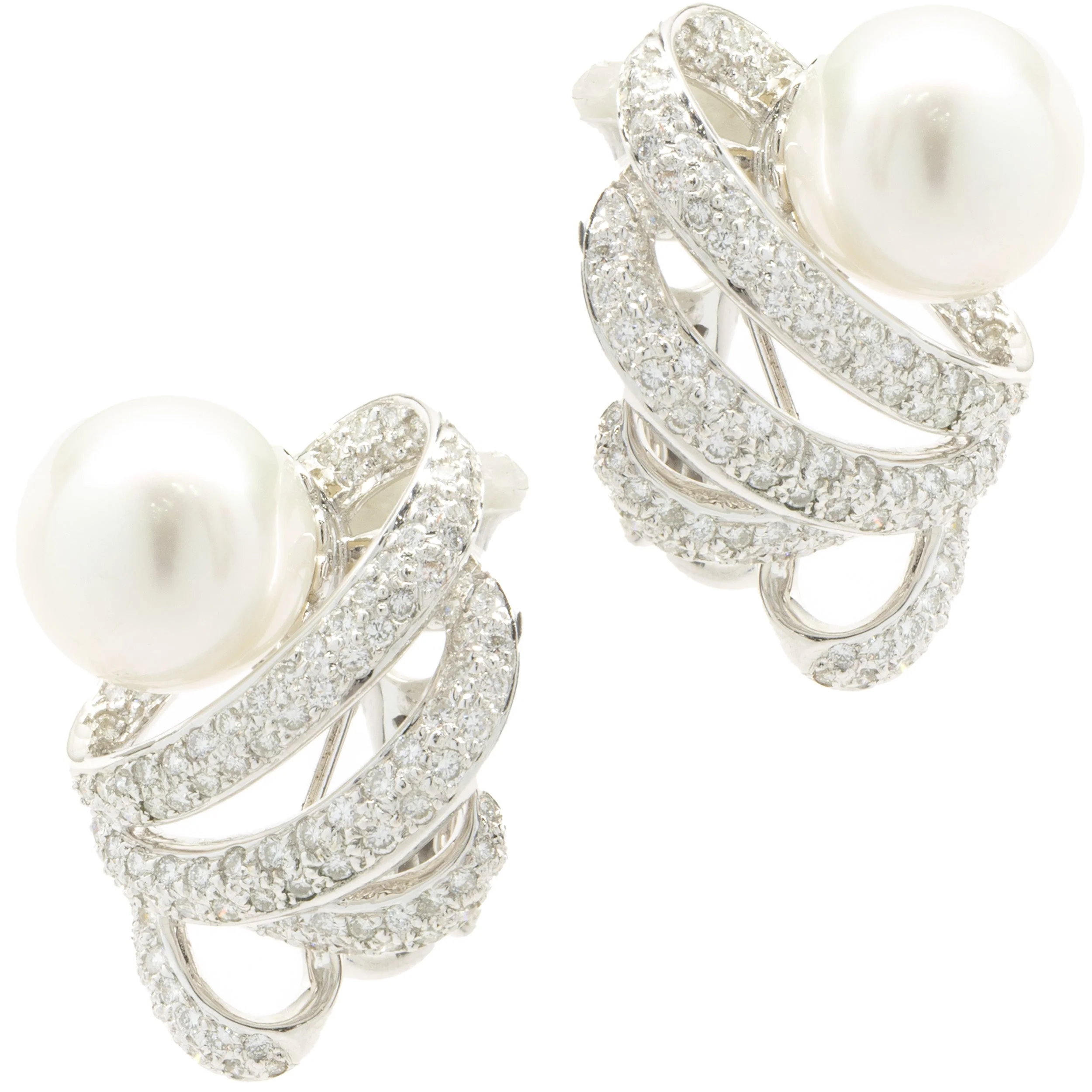 18 Karat White Gold Pave Diamond and South Sea Pearl Swirl Earrings - Image 2