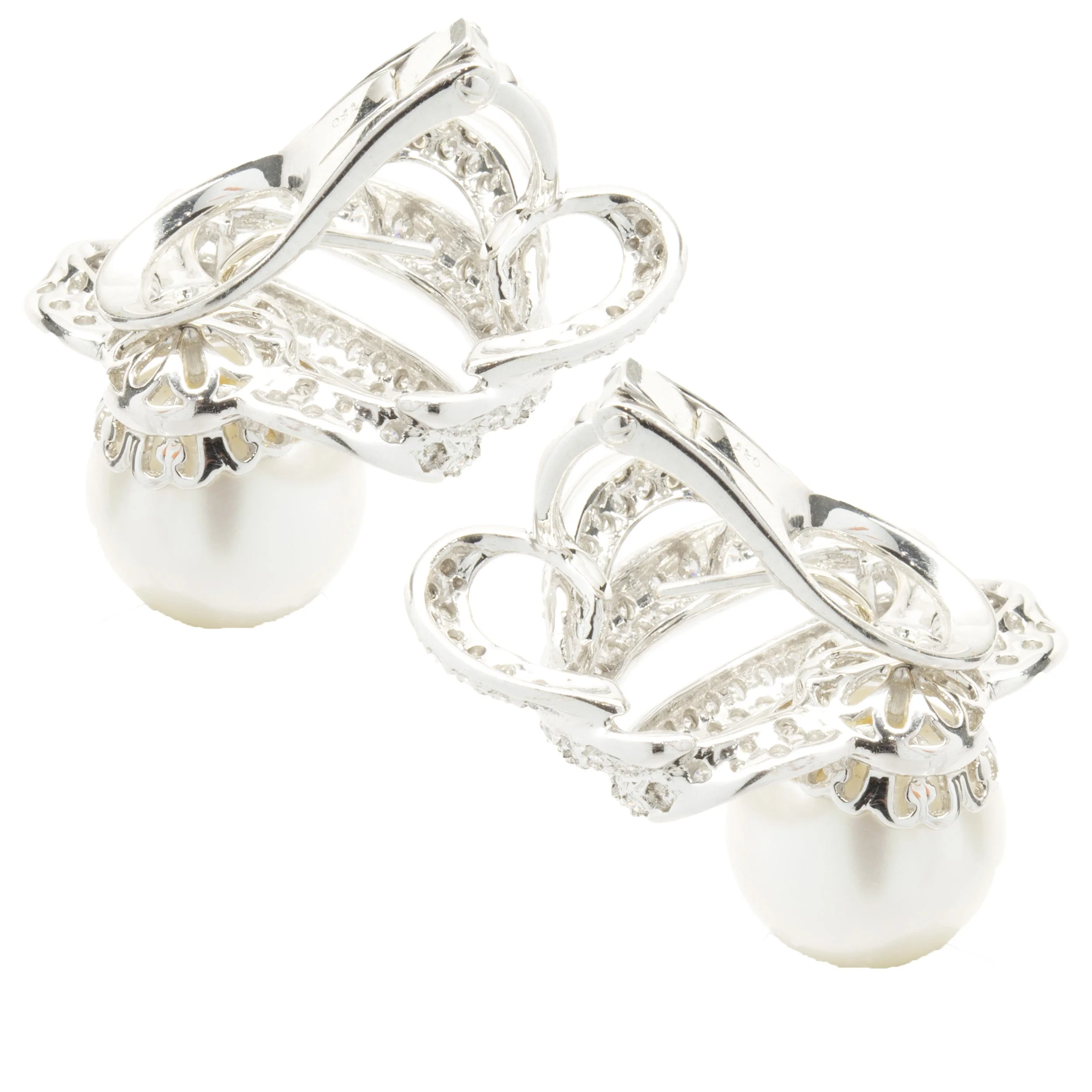 18 Karat White Gold Pave Diamond and South Sea Pearl Swirl Earrings - Image 3