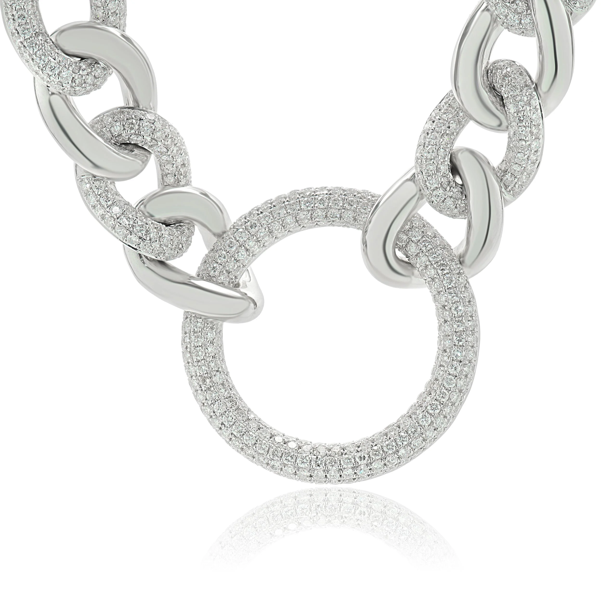 18 Karat White Gold Pave Diamond Cuban Link Necklace with Open Circle Centerpiece - Image 2
