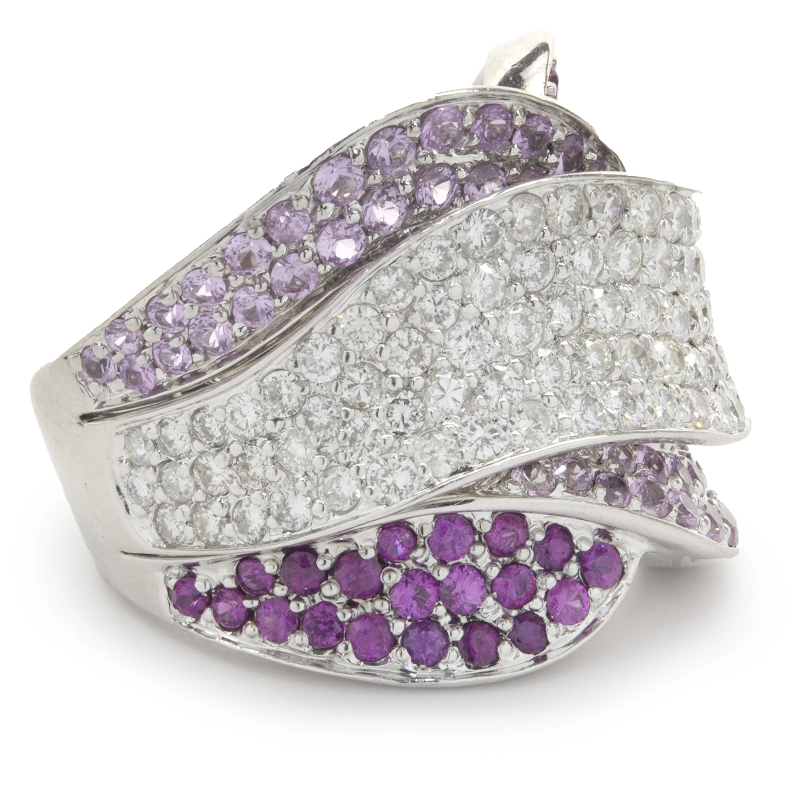 18 Karat White Gold Pave Diamond, Ruby, and Pink Sapphire Wave Ring - Image 2