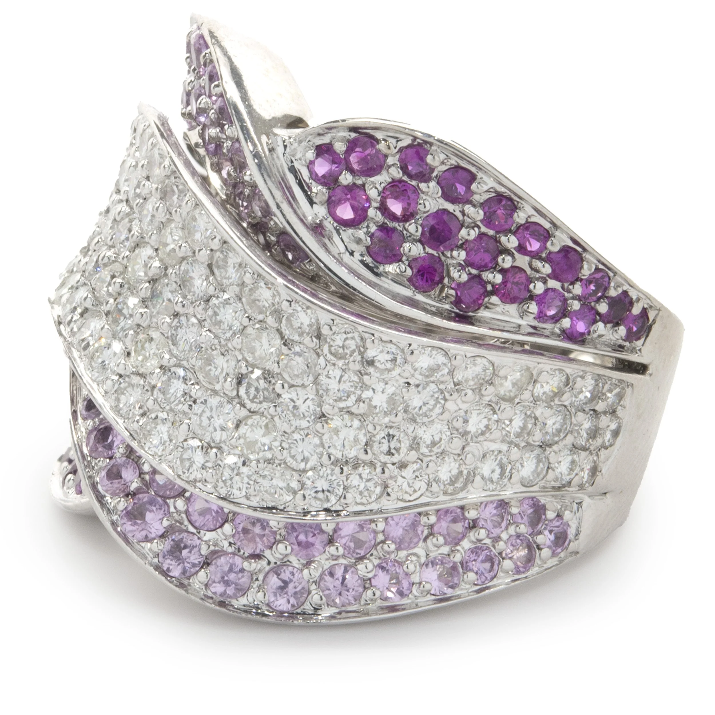 18 Karat White Gold Pave Diamond, Ruby, and Pink Sapphire Wave Ring - Image 3