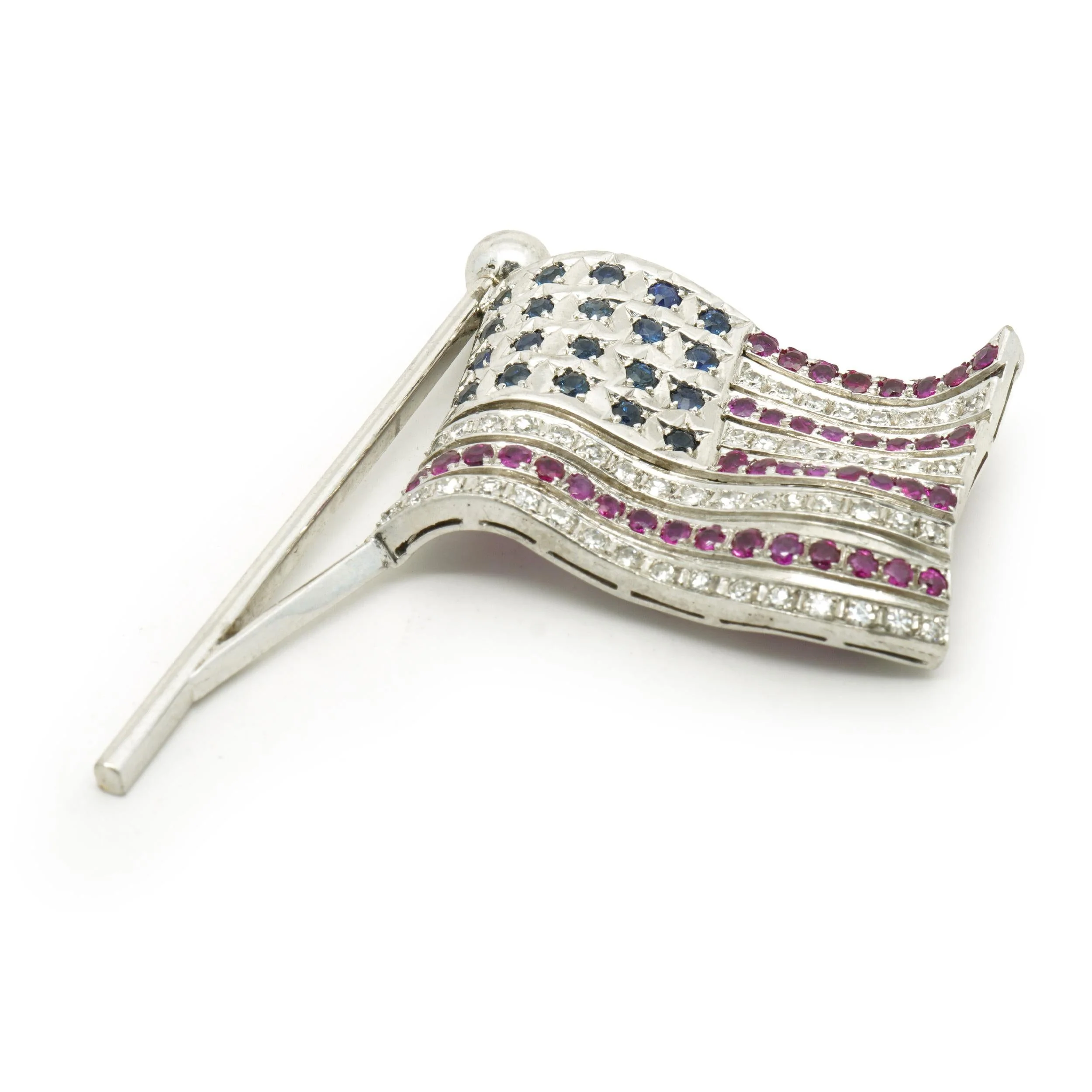 18 Karat White Gold Ruby, Diamond and Sapphire American Flag Pin