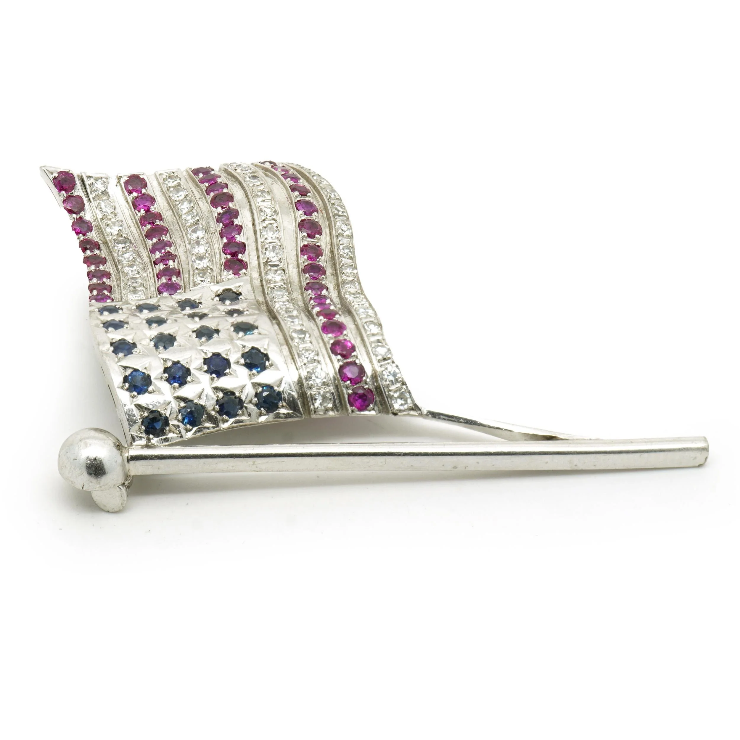 18 Karat White Gold Ruby, Diamond and Sapphire American Flag Pin - Image 2