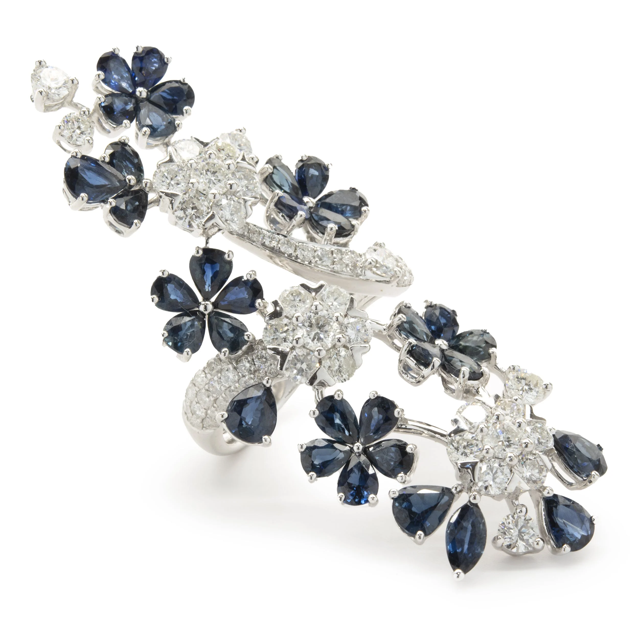 18 Karat White Gold Sapphire and Diamond Floral Long Finger Ring