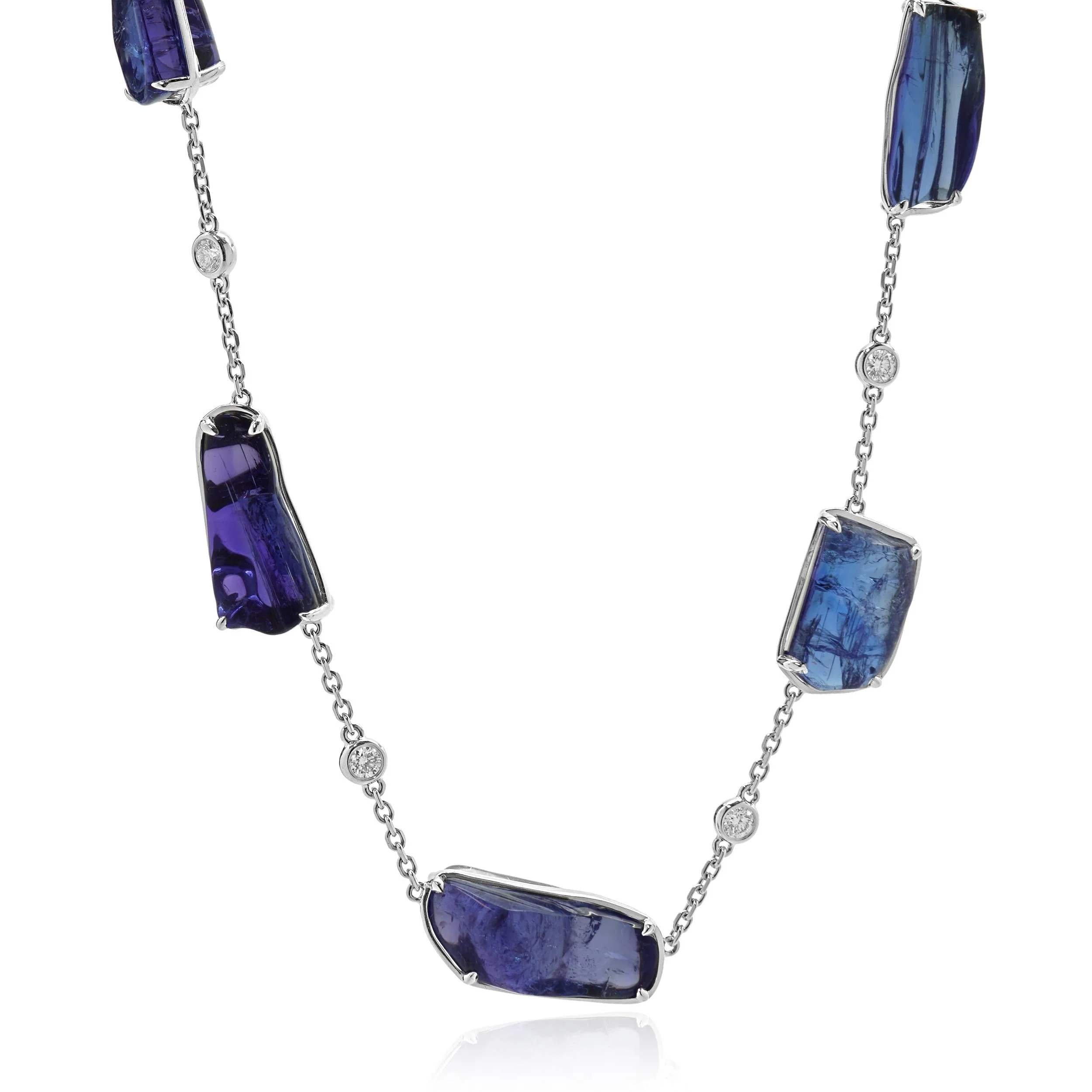 18 Karat White Gold Tumbled Tanzanite and Diamond Station Necklace - Image 2
