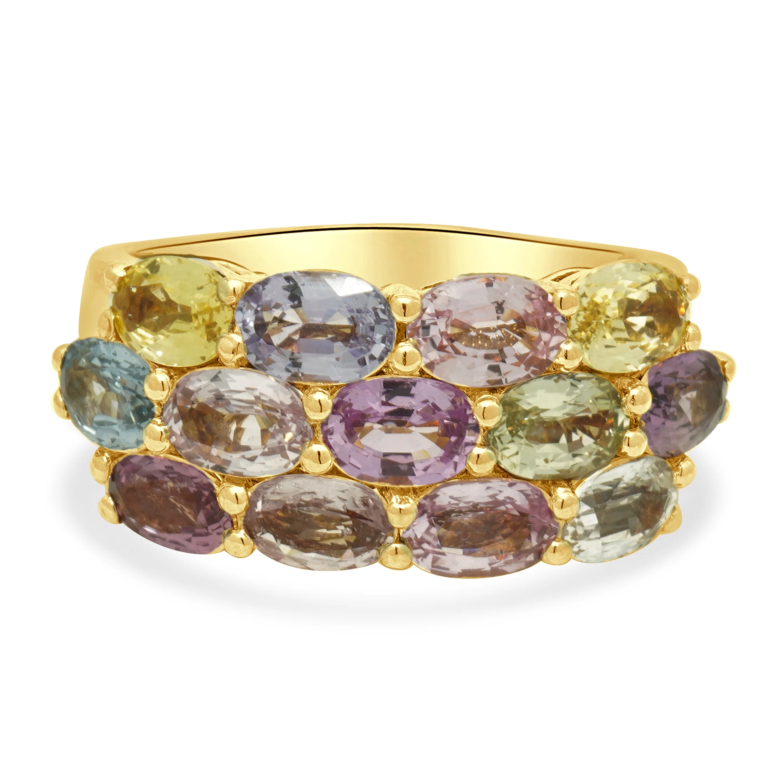 18 Karat Yellow Gold 3-Row Multi-Color Oval Cut Sapphire Ring