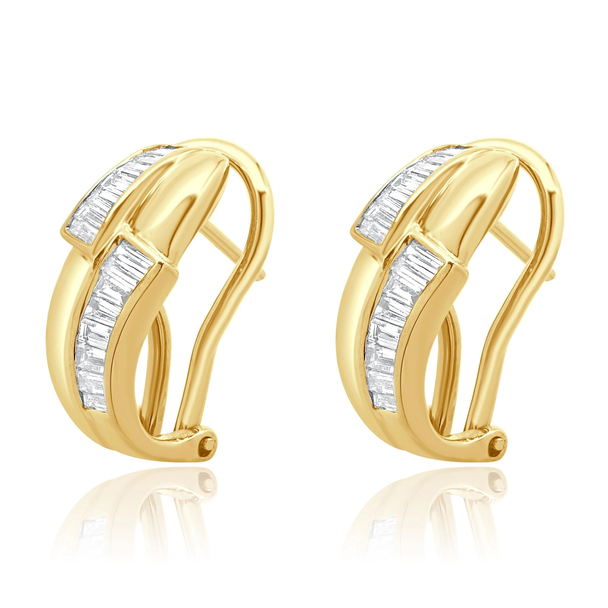 18 Karat Yellow Gold Baguette Cut Diamond Crossover Hoop Earrings - Image 2