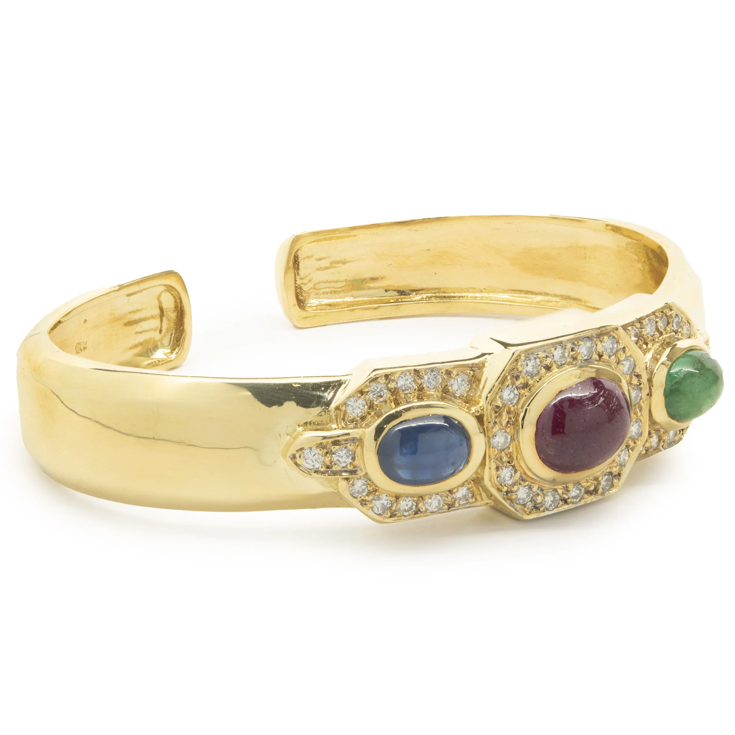 18 Karat Yellow Gold Cabochon Ruby, Sapphire, Emerald and Diamond Cuff Bracelet - Image 2