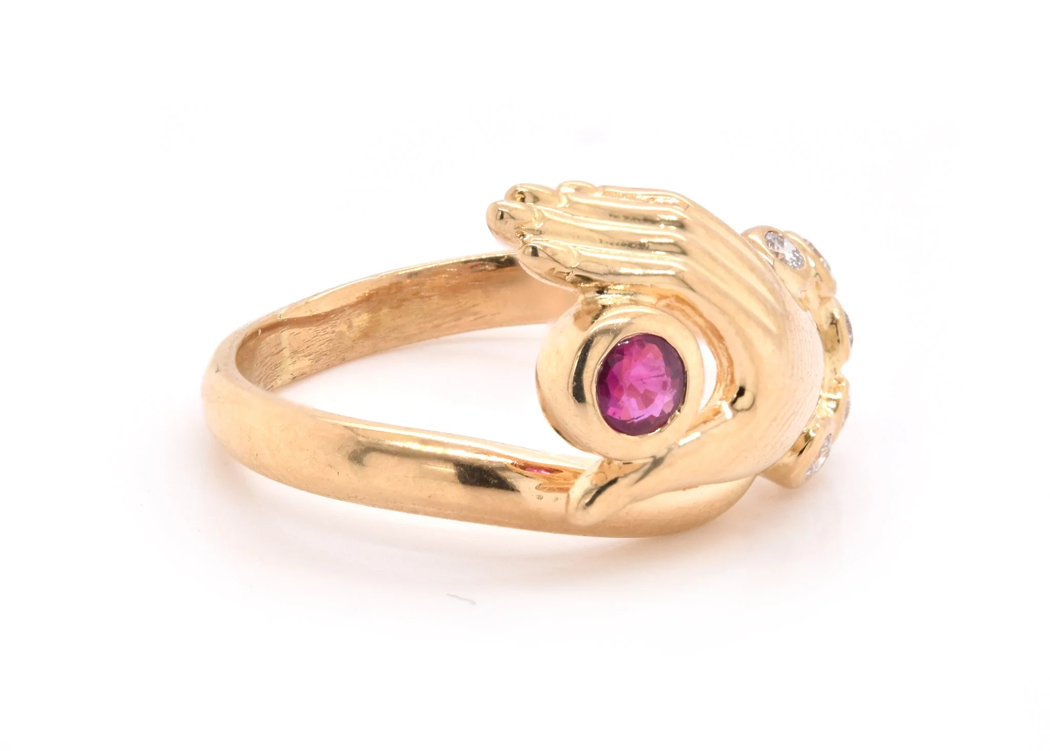 18 Karat Yellow Gold Diamond and Ruby Hand Ring - Image 2