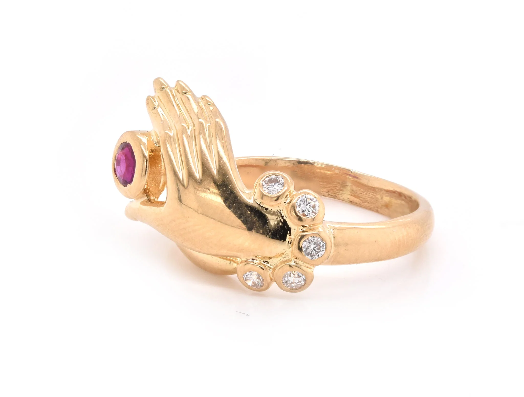 18 Karat Yellow Gold Diamond and Ruby Hand Ring - Image 3