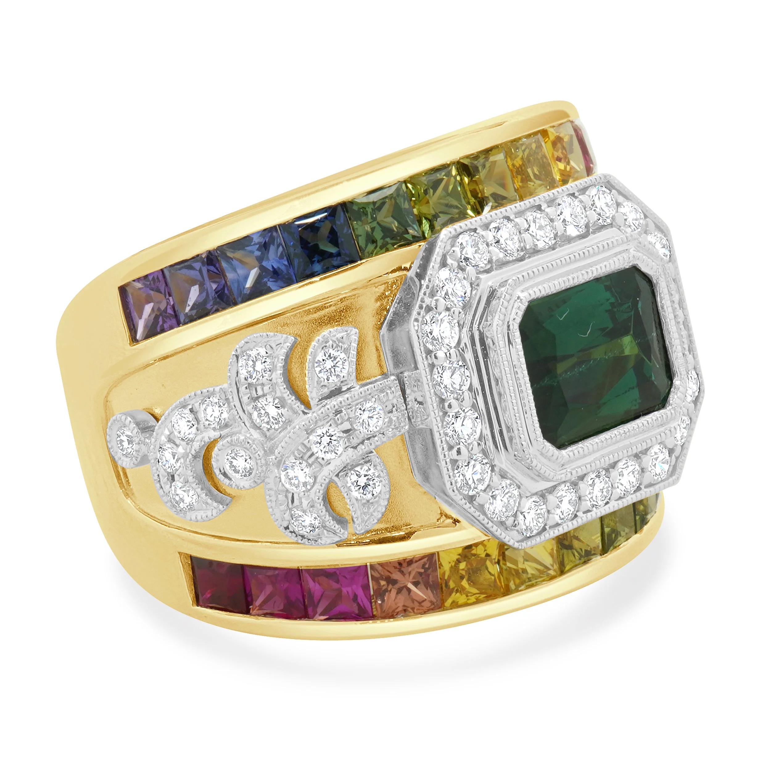 18 Karat Yellow Gold Green Tourmaline, Rainbow Sapphire, and Diamond Ring - Image 2