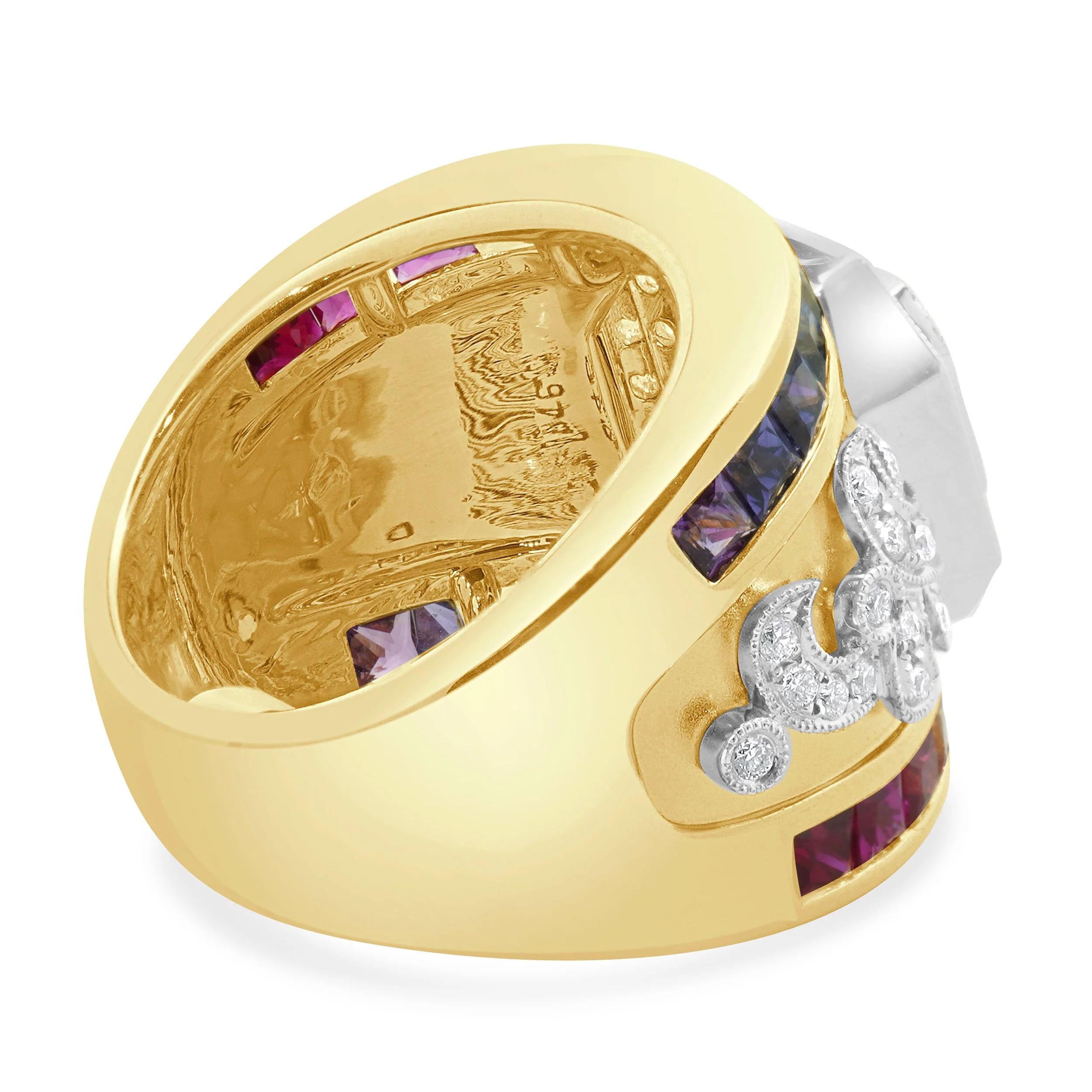 18 Karat Yellow Gold Green Tourmaline, Rainbow Sapphire, and Diamond Ring - Image 3