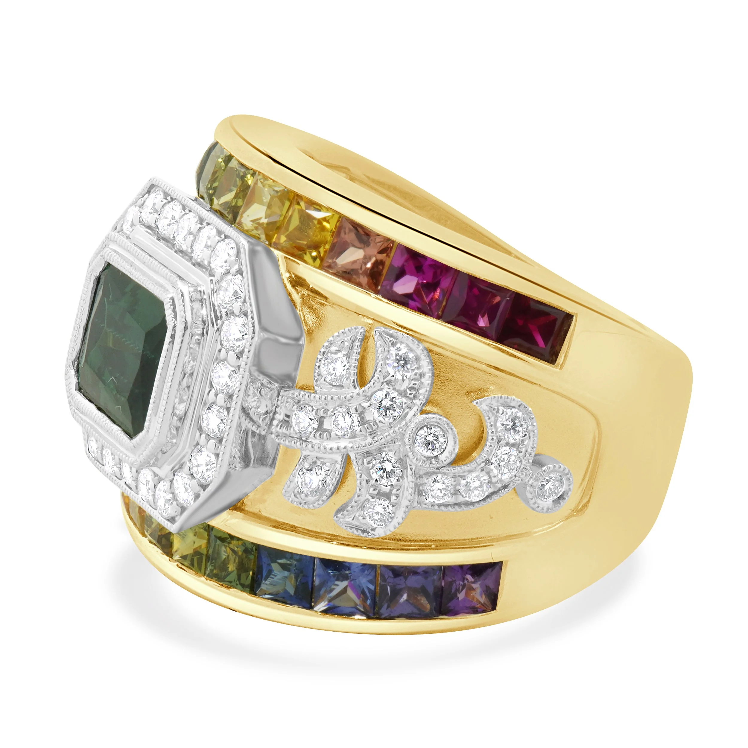18 Karat Yellow Gold Green Tourmaline, Rainbow Sapphire, and Diamond Ring - Image 4