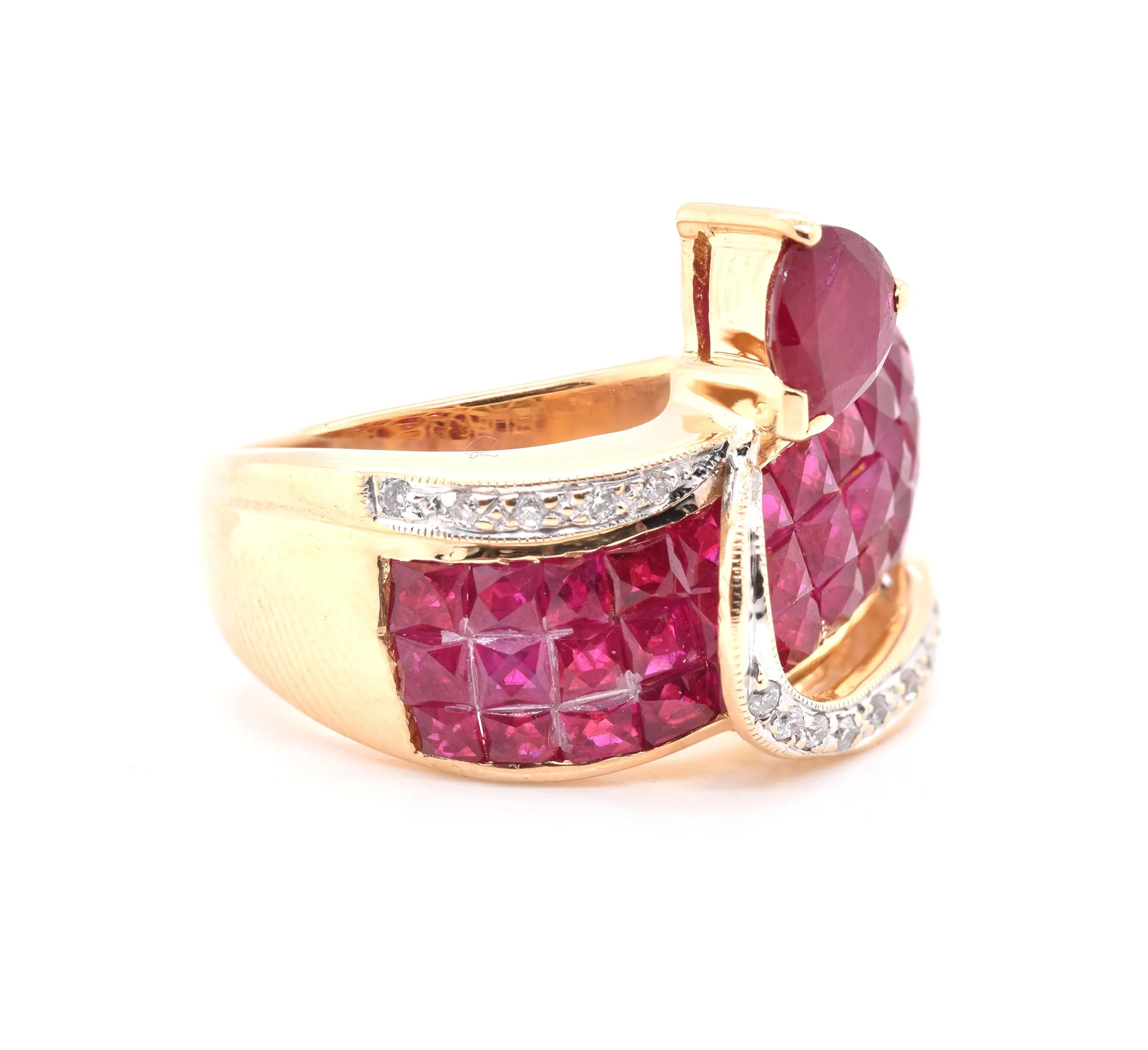 18 Karat Yellow Gold Invisible Set Pigeons Blood Ruby and Diamond Ring - Image 2