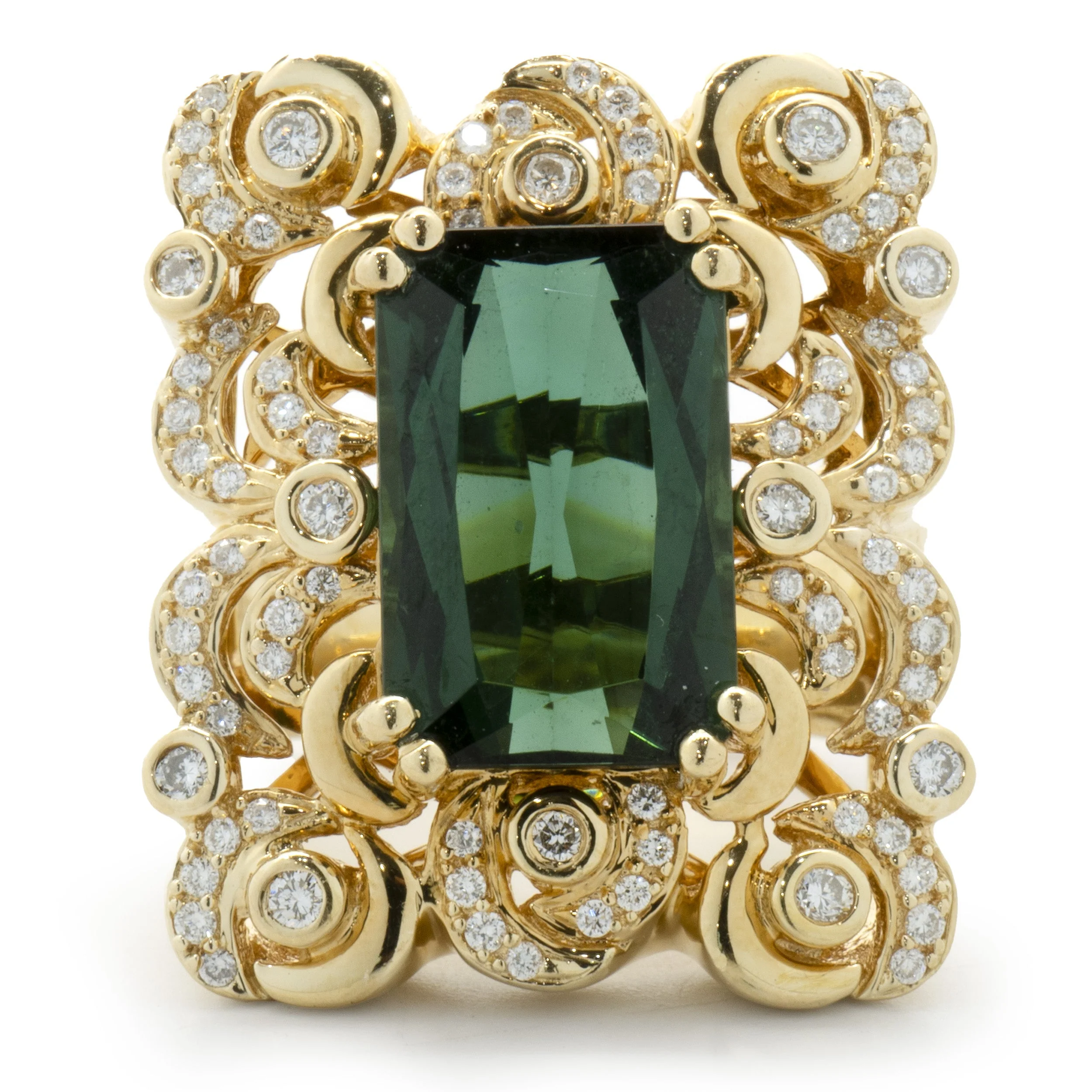 18 Karat Yellow Gold Ornate Green Tourmaline and Diamond Rectangular Cocktail Ring