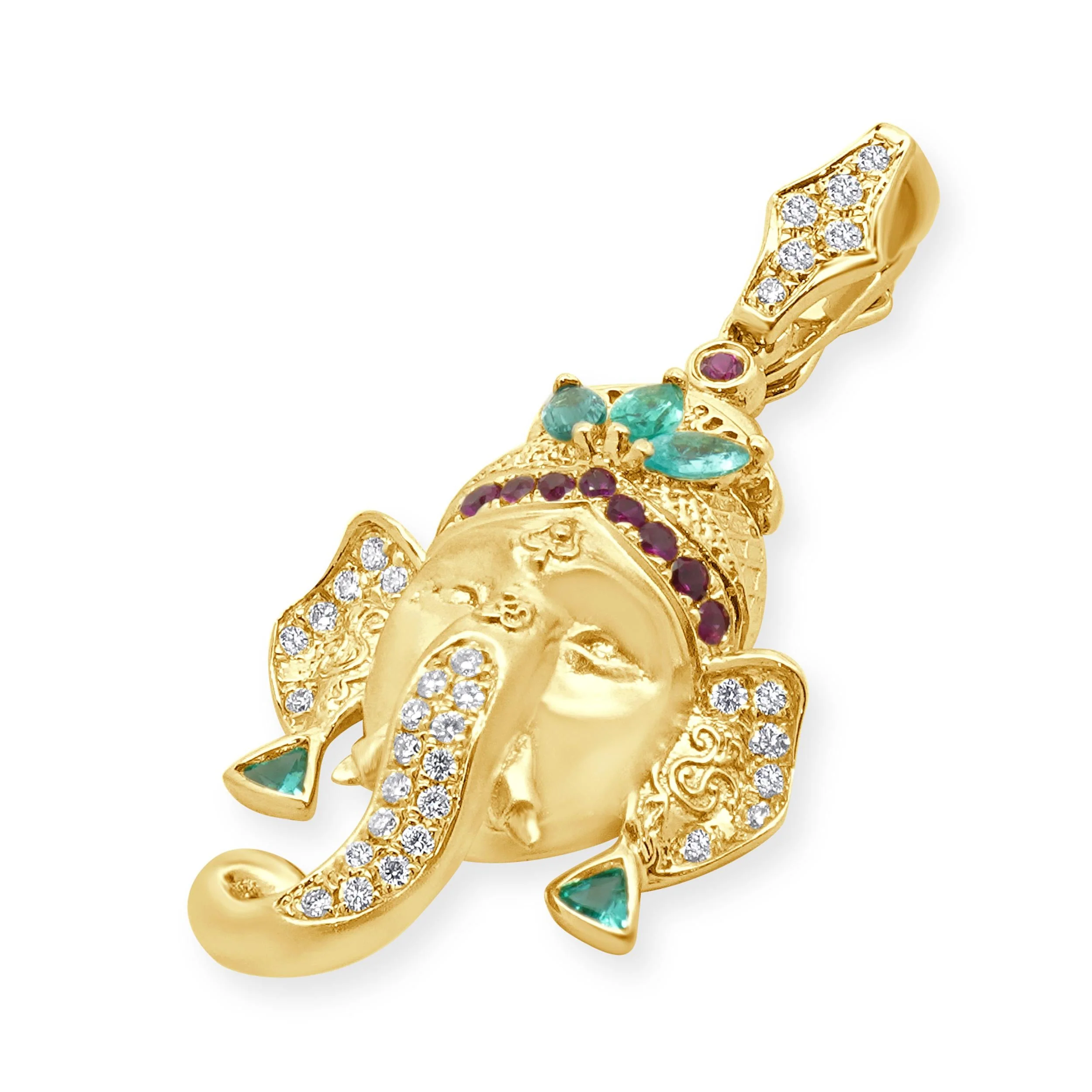 18 Karat Yellow Gold Paraiba Tourmaline, Diamond, and Ruby Pendant