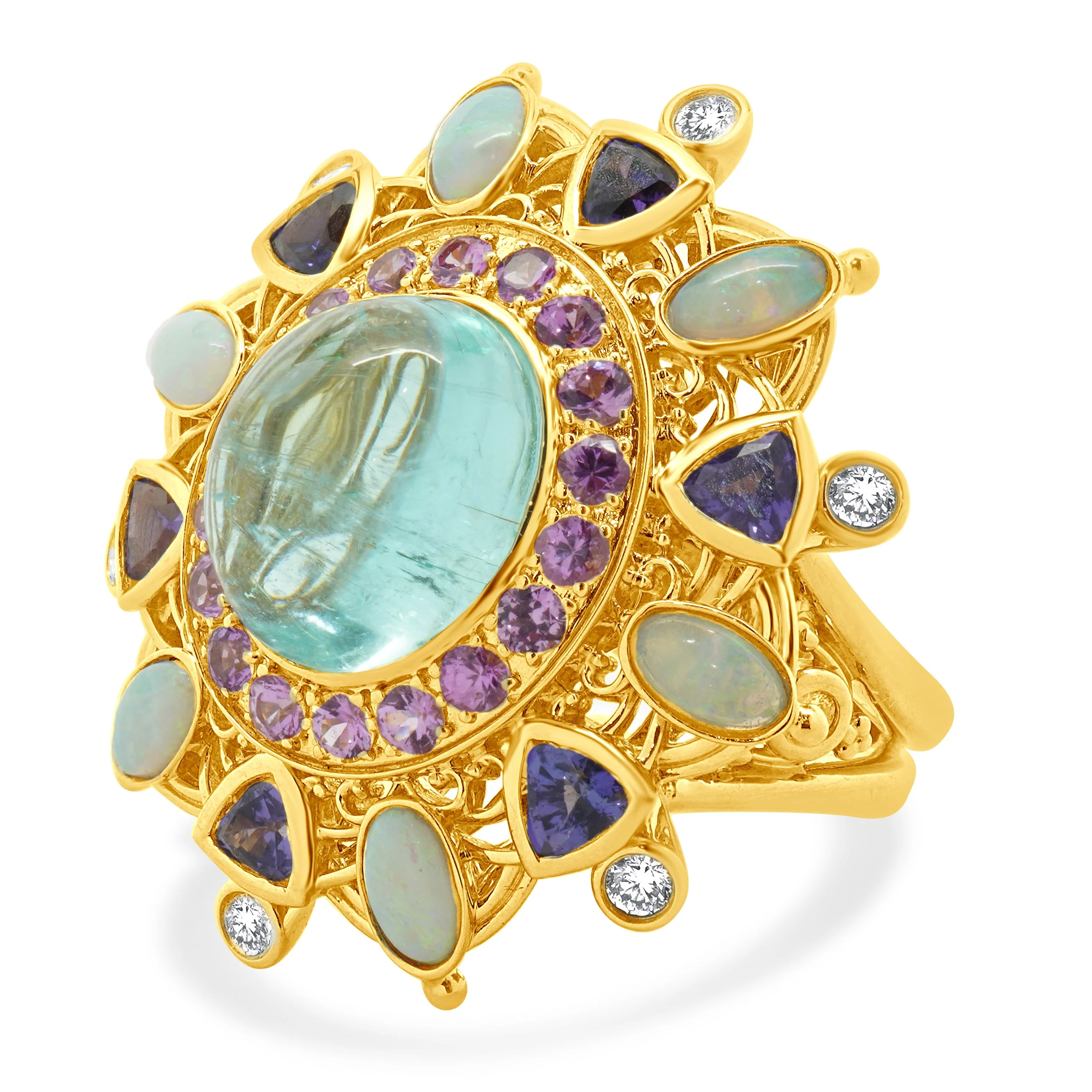 18 Karat Yellow Gold Paraiba Tourmaline, Opal, Iolite, Pink Tourmaline, and Diamond Ring - Image 2