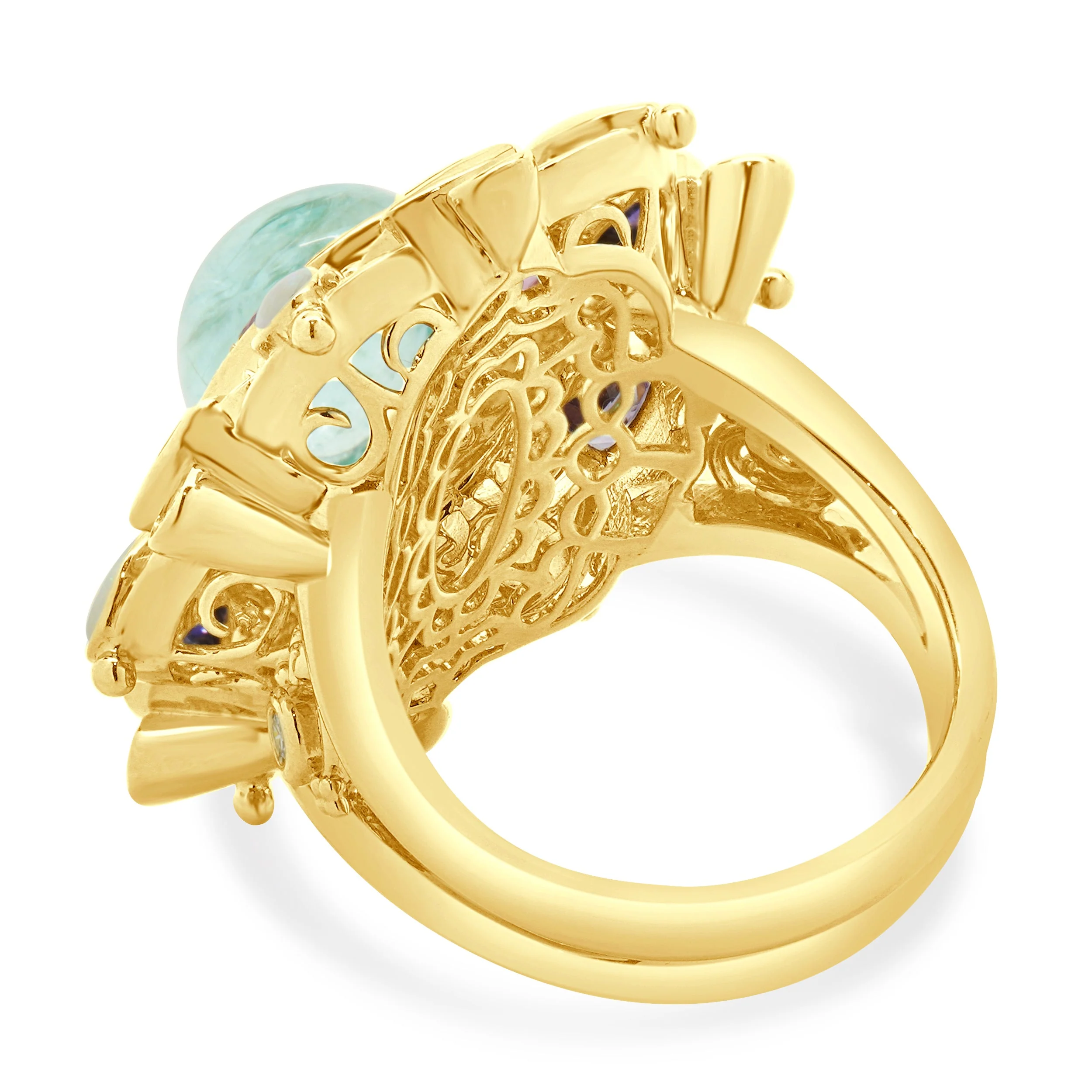 18 Karat Yellow Gold Paraiba Tourmaline, Opal, Iolite, Pink Tourmaline, and Diamond Ring - Image 3