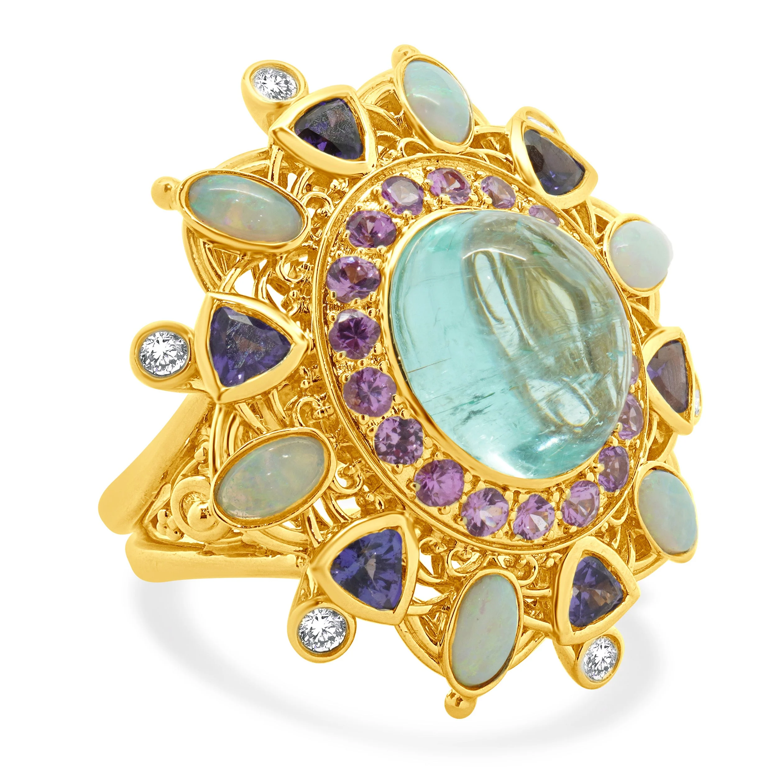 18 Karat Yellow Gold Paraiba Tourmaline, Opal, Iolite, Pink Tourmaline, and Diamond Ring - Image 4