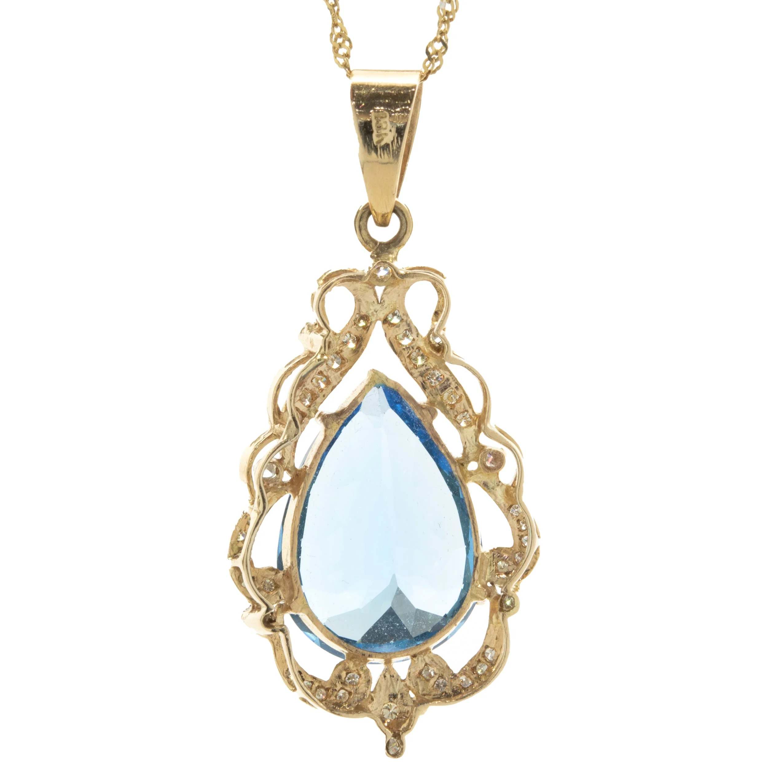 18 Karat Yellow Gold Pear Cut Blue Topaz and Diamond Freeform Pendant - Image 2