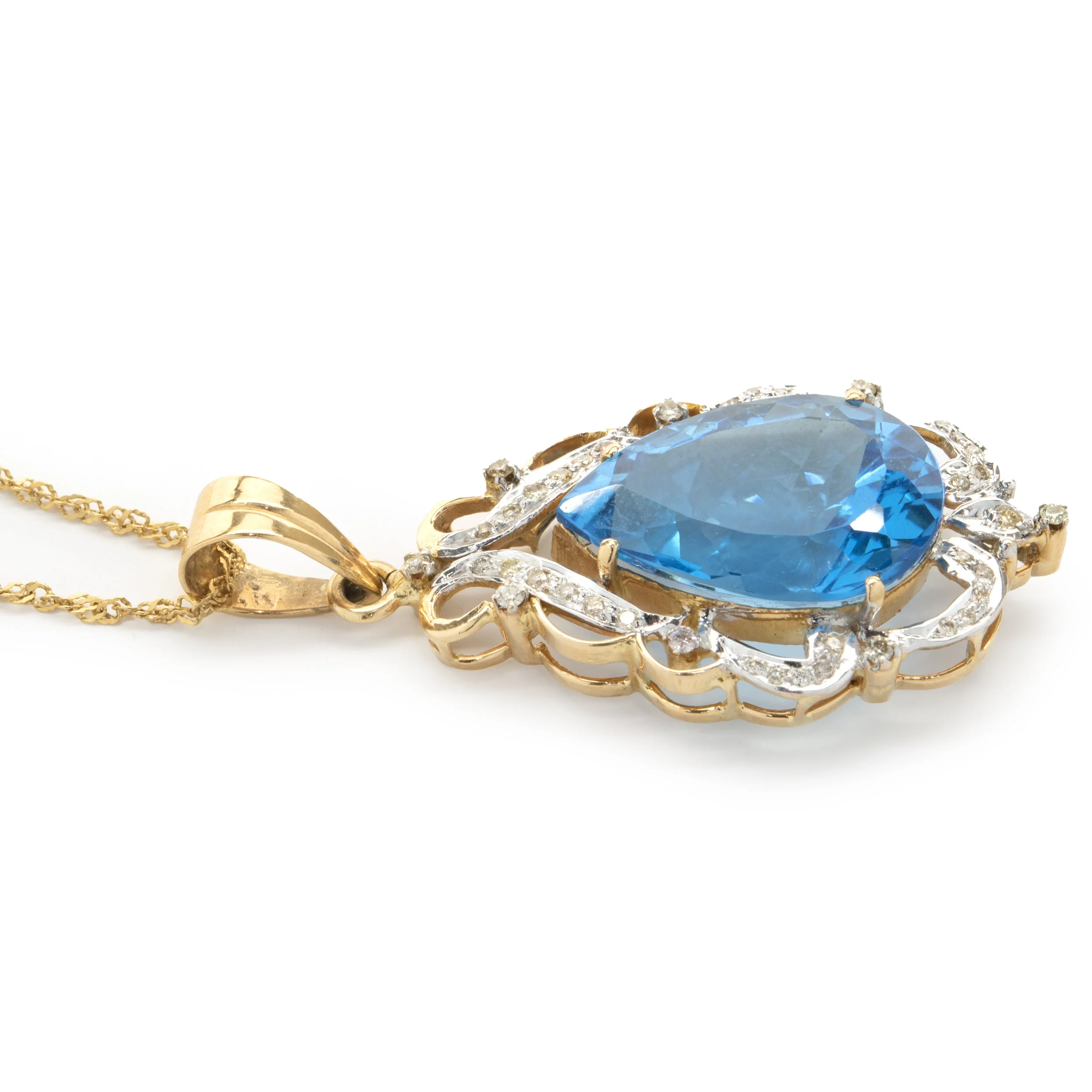 18 Karat Yellow Gold Pear Cut Blue Topaz and Diamond Freeform Pendant - Image 3