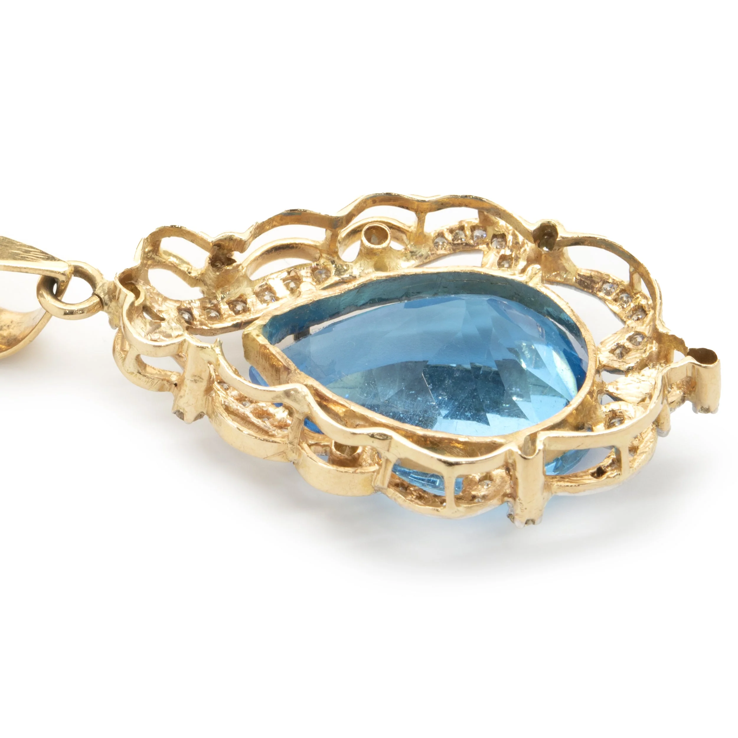 18 Karat Yellow Gold Pear Cut Blue Topaz and Diamond Freeform Pendant - Image 4