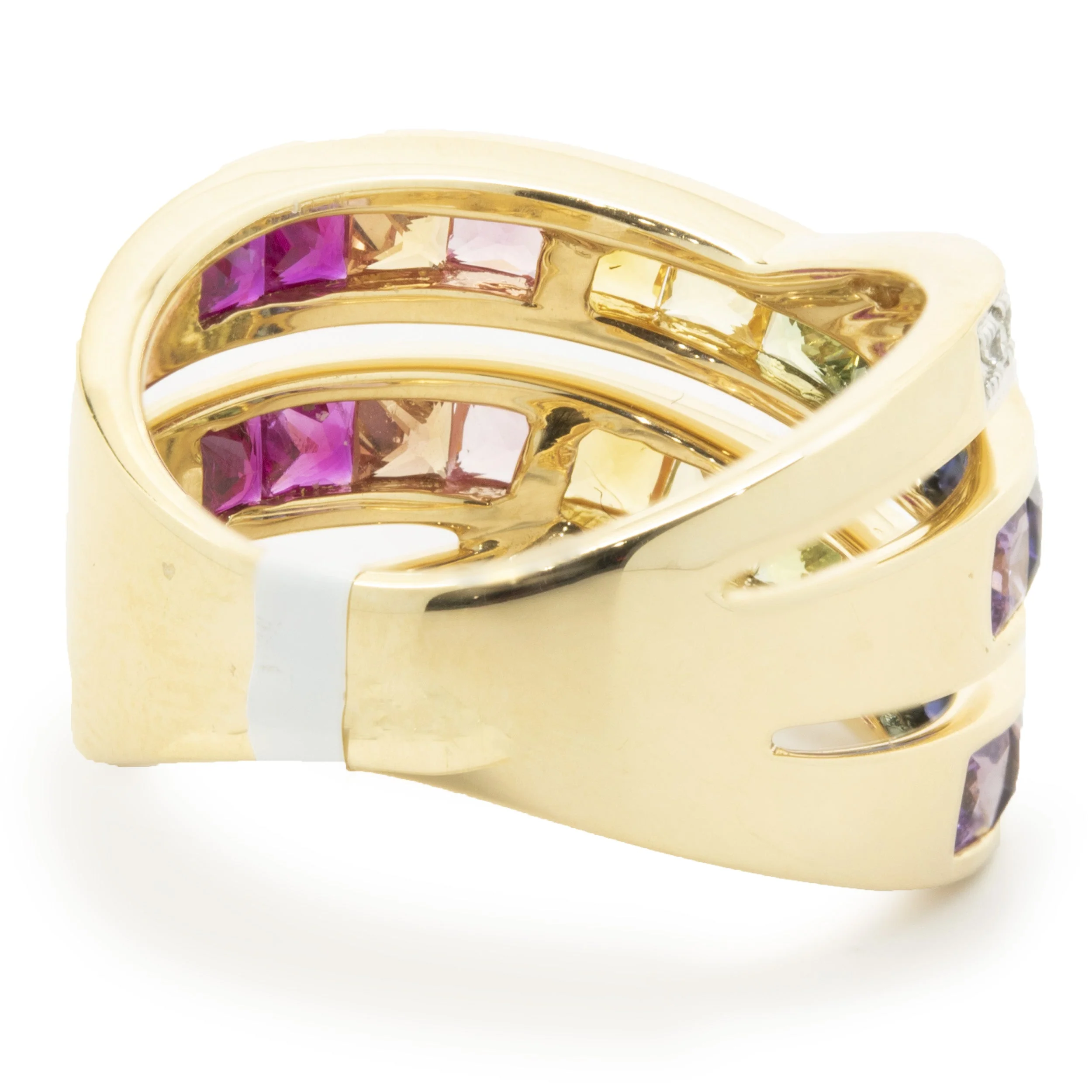 18 Karat Yellow Gold Rainbow Sapphire and Diamond Bypass Ring - Image 3