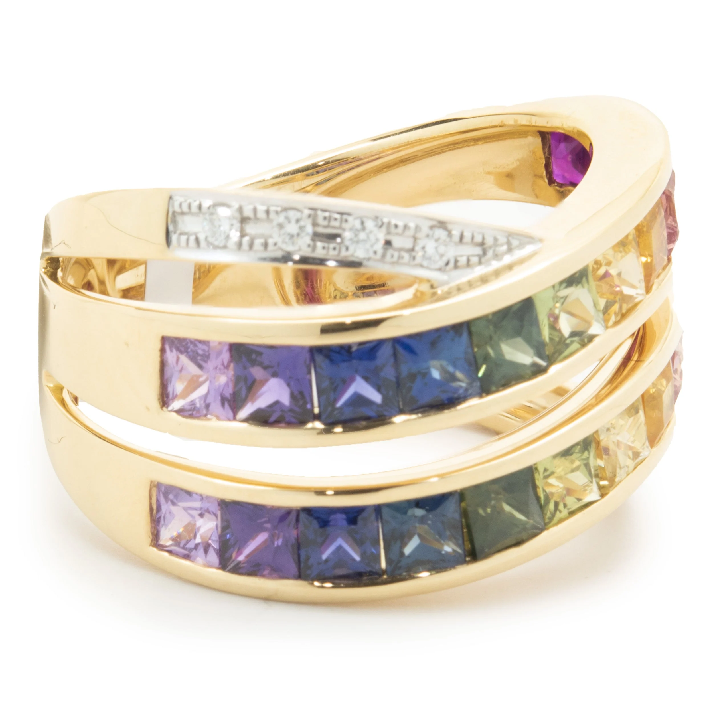 18 Karat Yellow Gold Rainbow Sapphire and Diamond Bypass Ring - Image 4