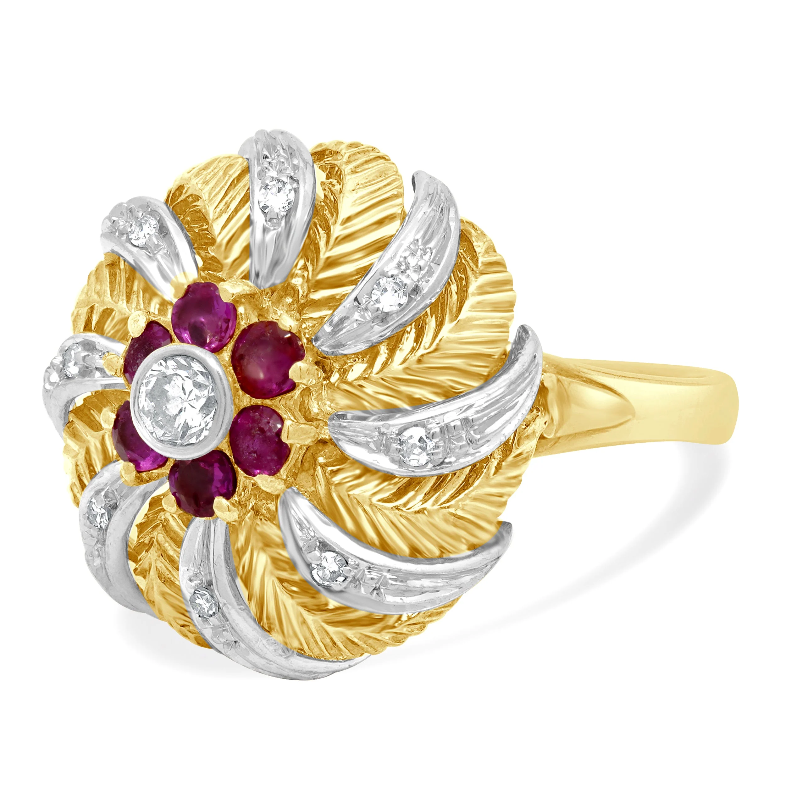 18 Karat Yellow Gold Round Diamond and Round Ruby Swirl Ring - Image 2