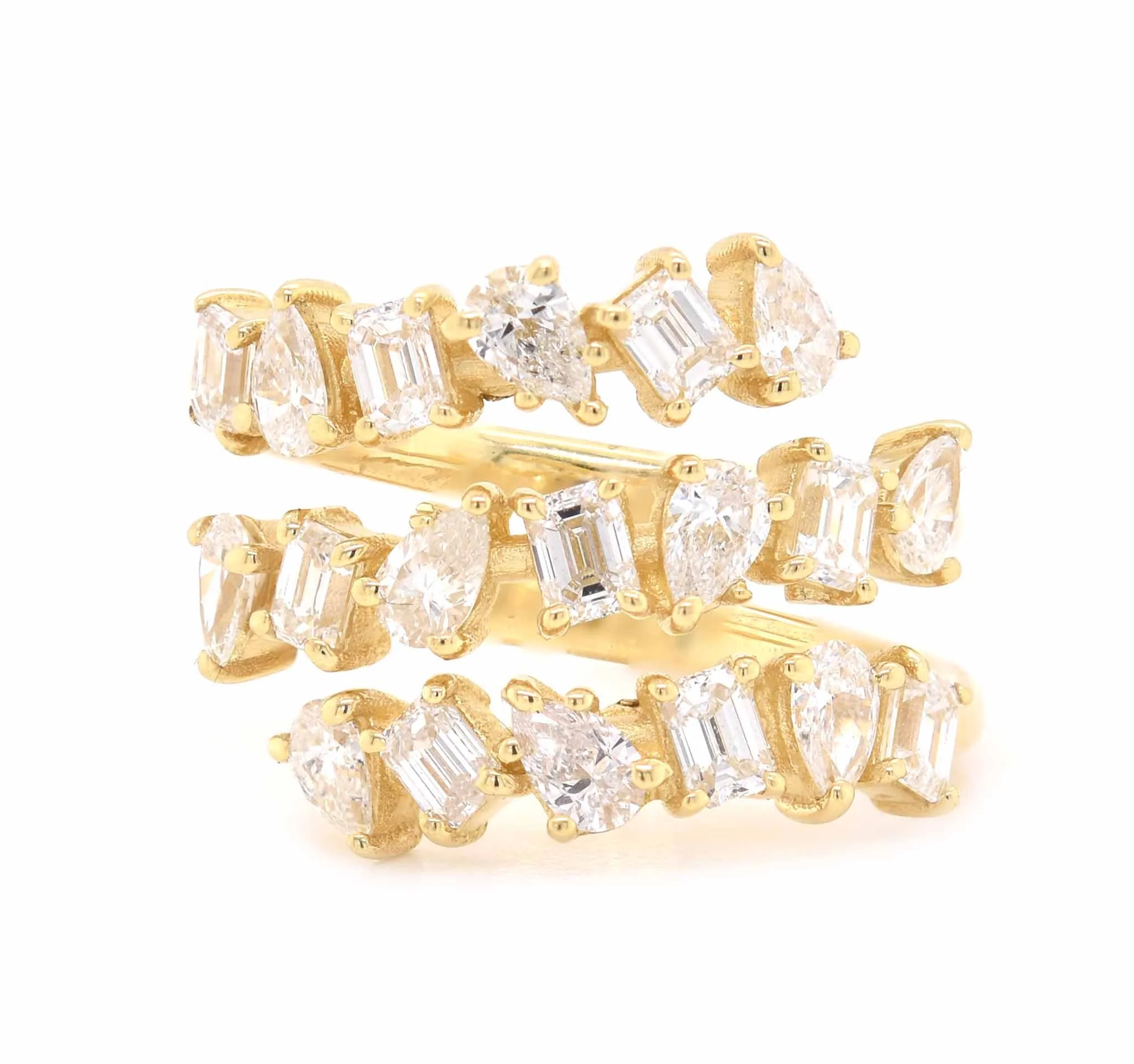 18 Karat Yellow Gold Three Row Pear and Baguette Diamond Bypass Ring