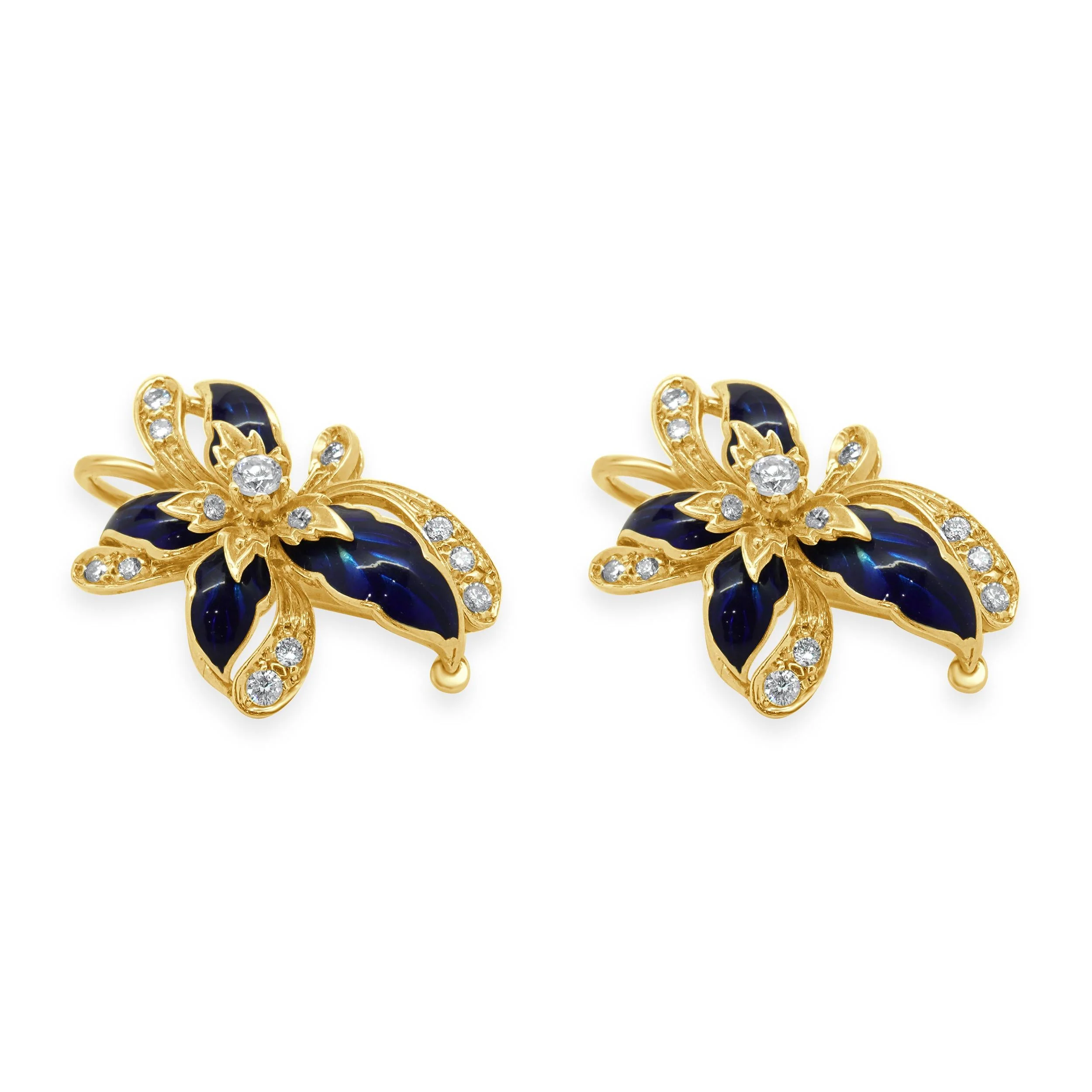 18 Karat Yellow Gold Vintage Blue Enamel and Diamond Spray Earrings - Image 2